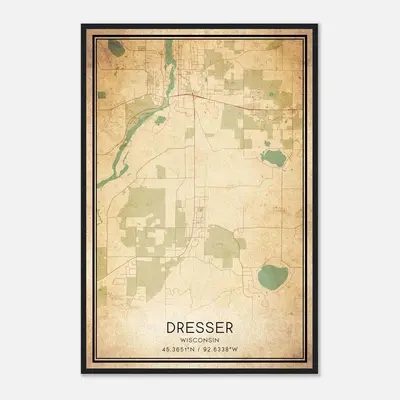 Vintage Dresser Wisconsin Map Poster, Dresser WI City Road Wall Art Print
