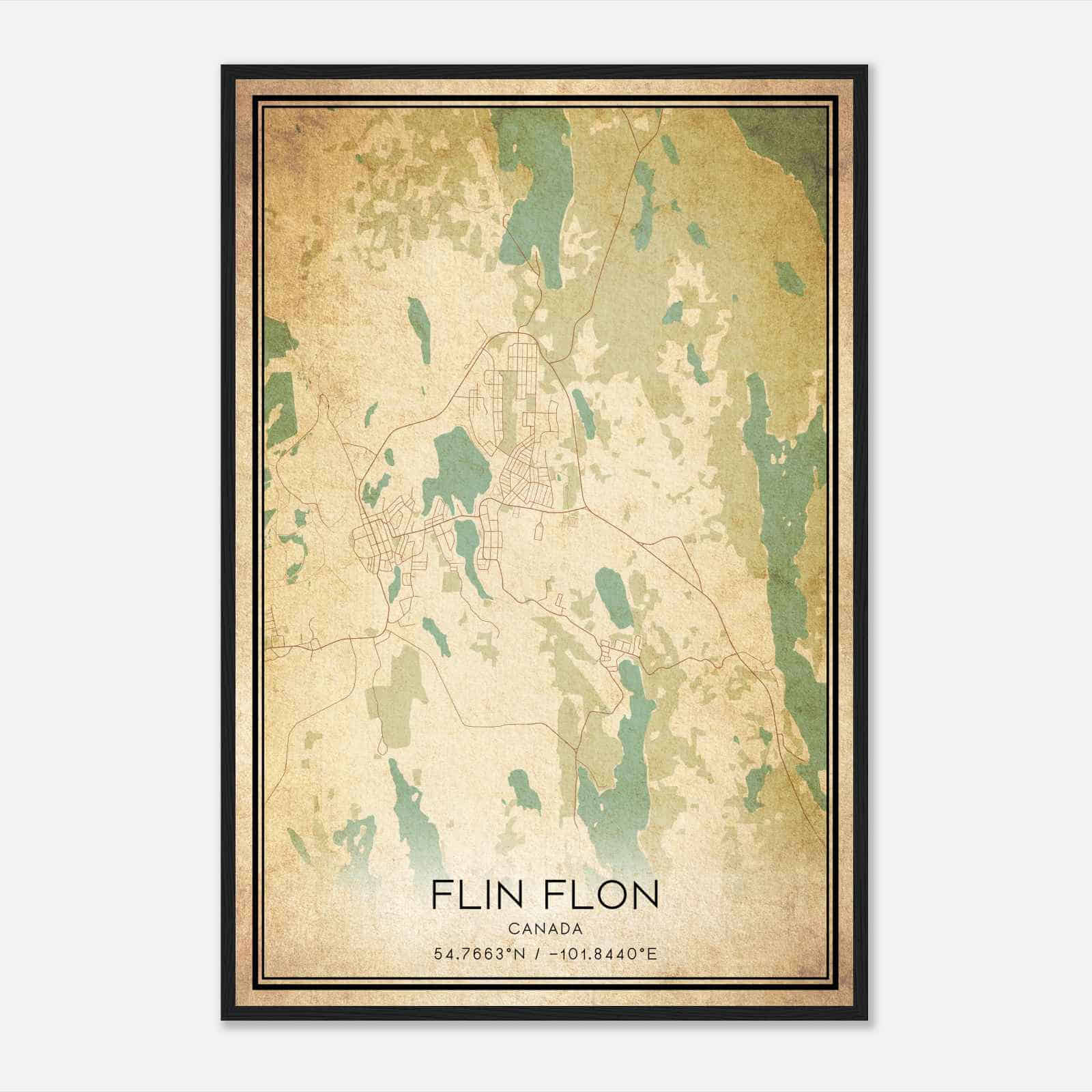 Vintage Flin Flon Canada Map Poster, Flin Flon City Road Wall Art Print