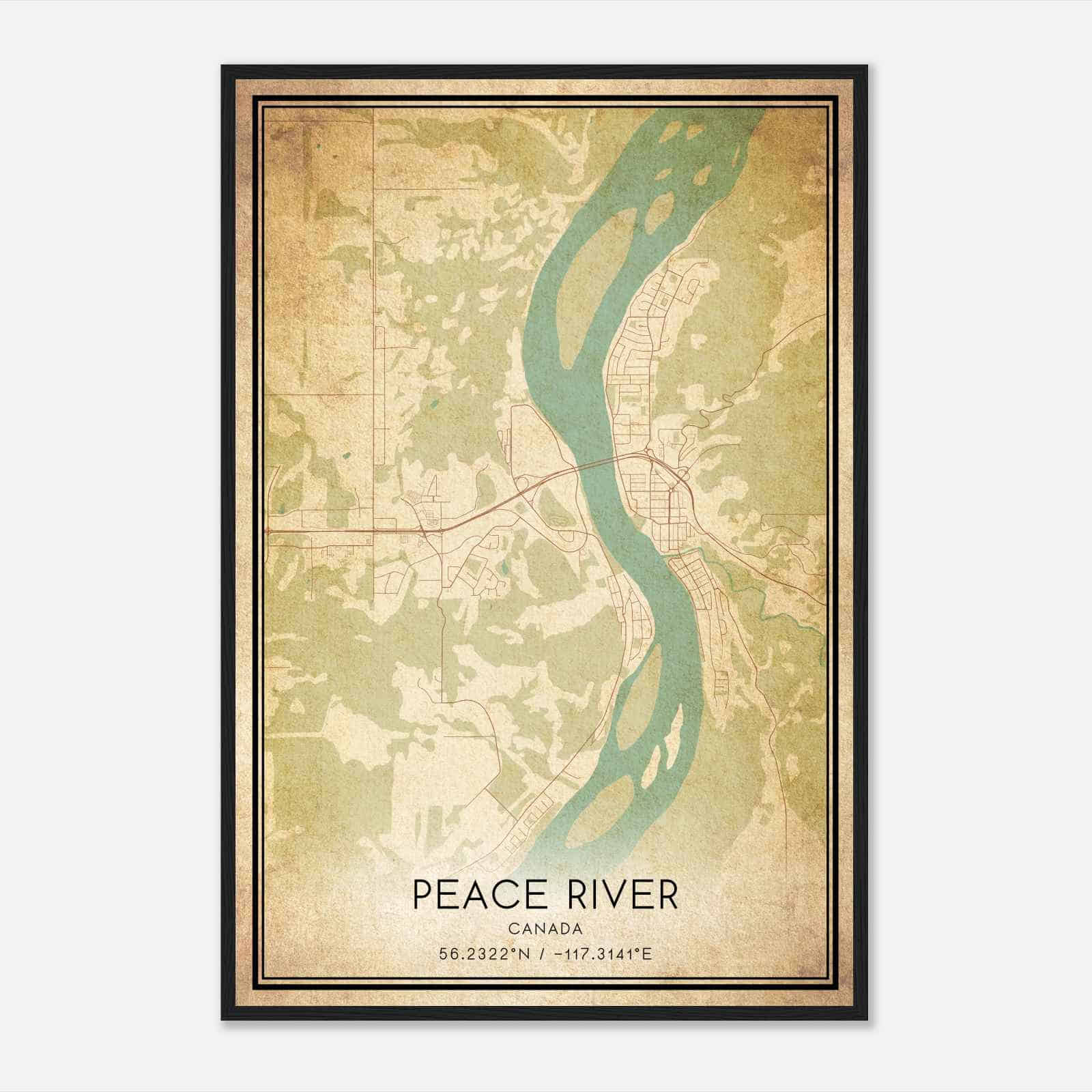 Vintage Peace River Canada Map Poster, Peace River City Road Wall Art Print