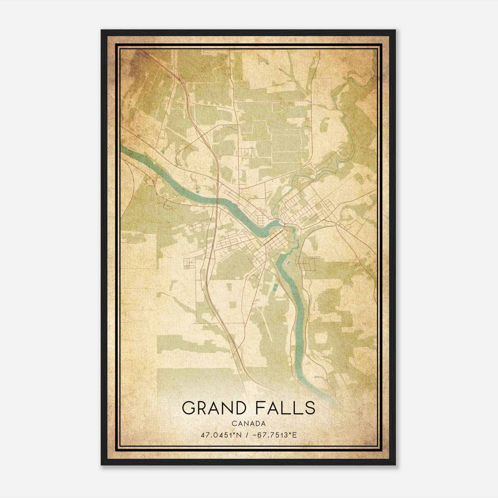 Vintage Grand Falls Canada Map Poster, Grand Falls City Road Wall Art Print