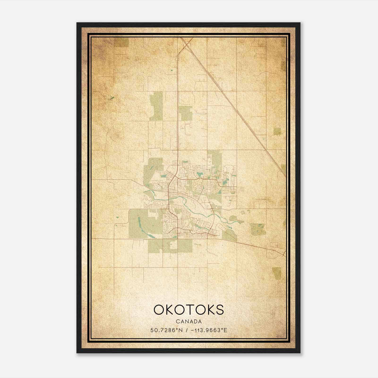 Vintage Okotoks Canada Map Poster, Okotoks City Road Wall Art Print