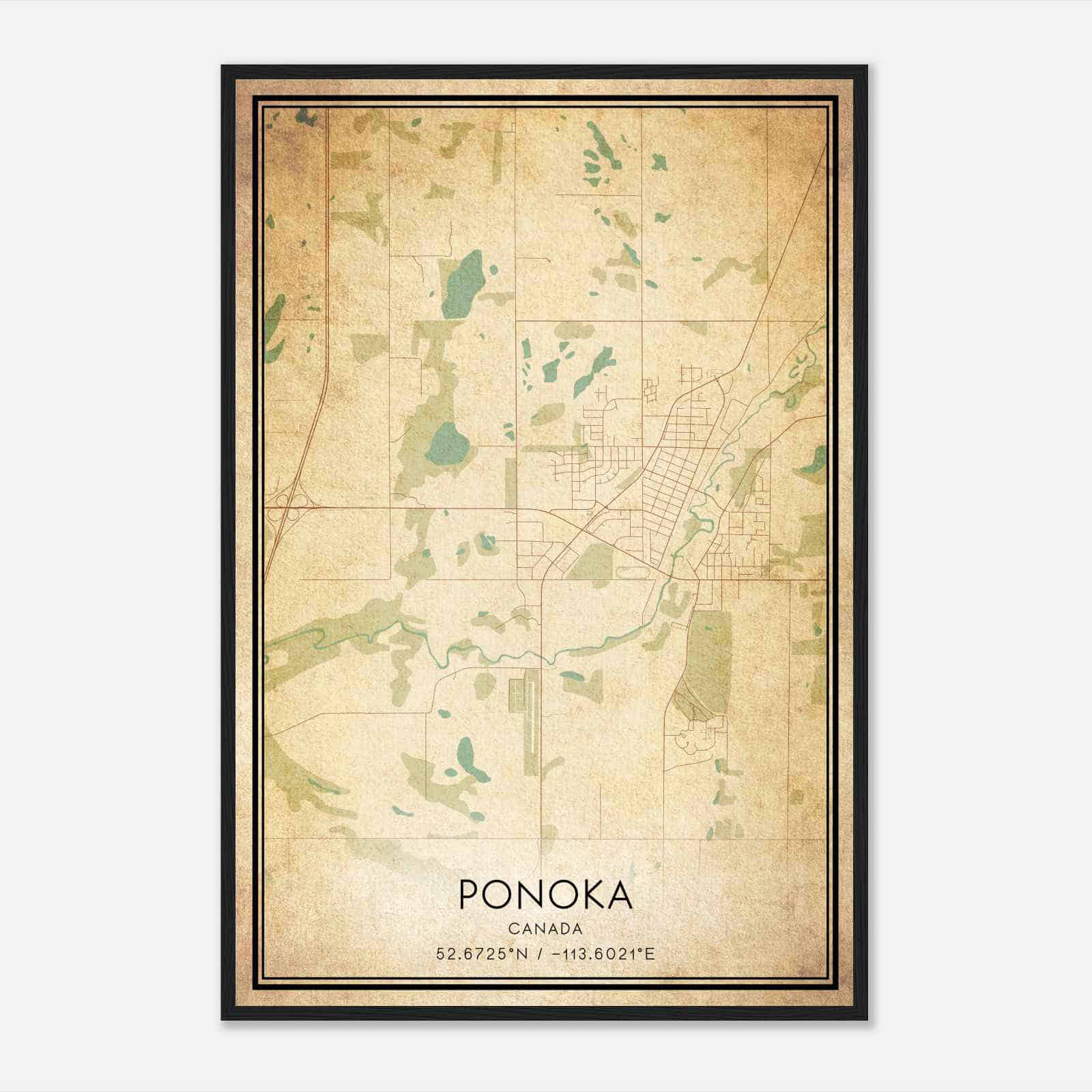 Vintage Ponoka Canada Map Poster, Ponoka City Road Wall Art Print