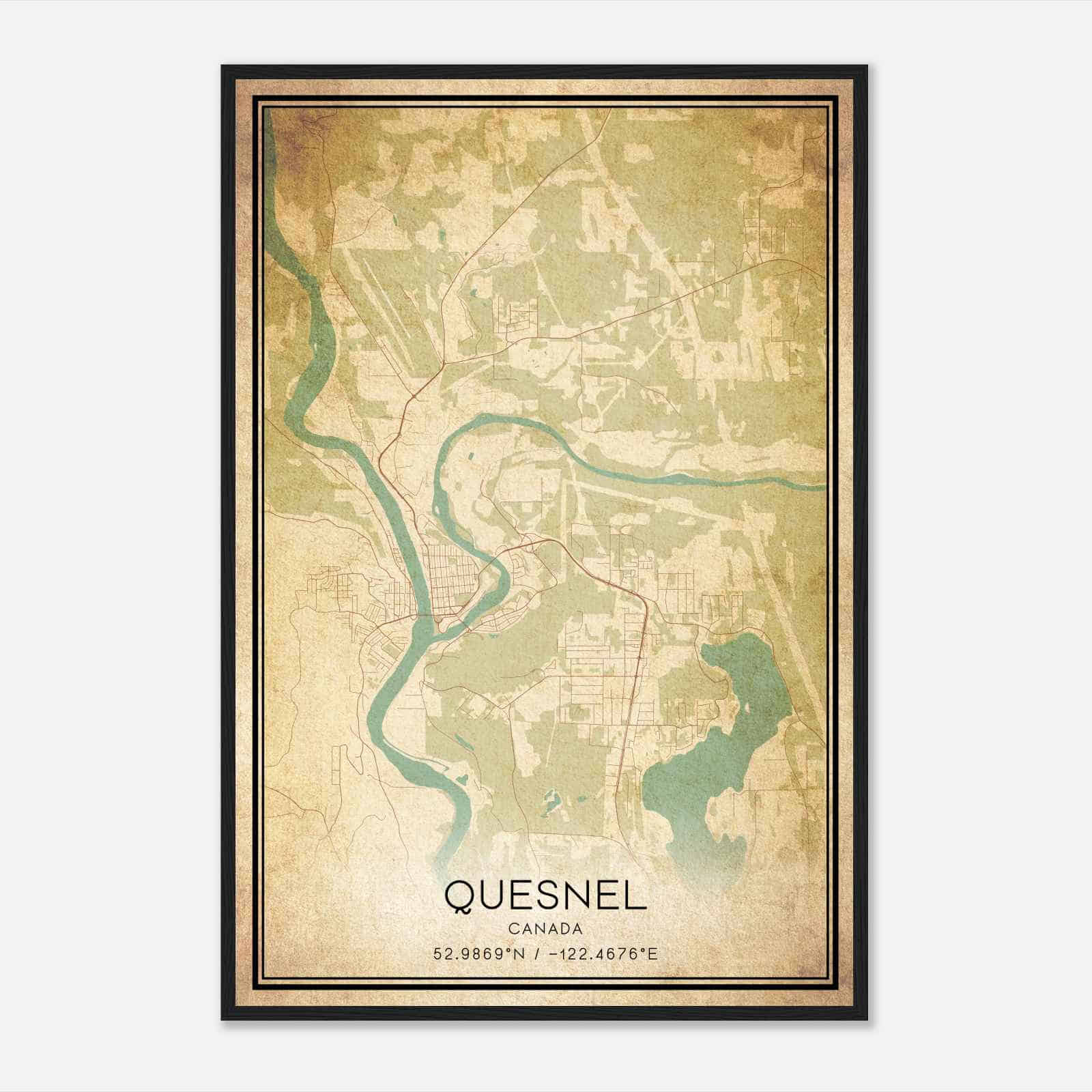 Vintage Quesnel Canada Map Poster, Quesnel City Road Wall Art Print