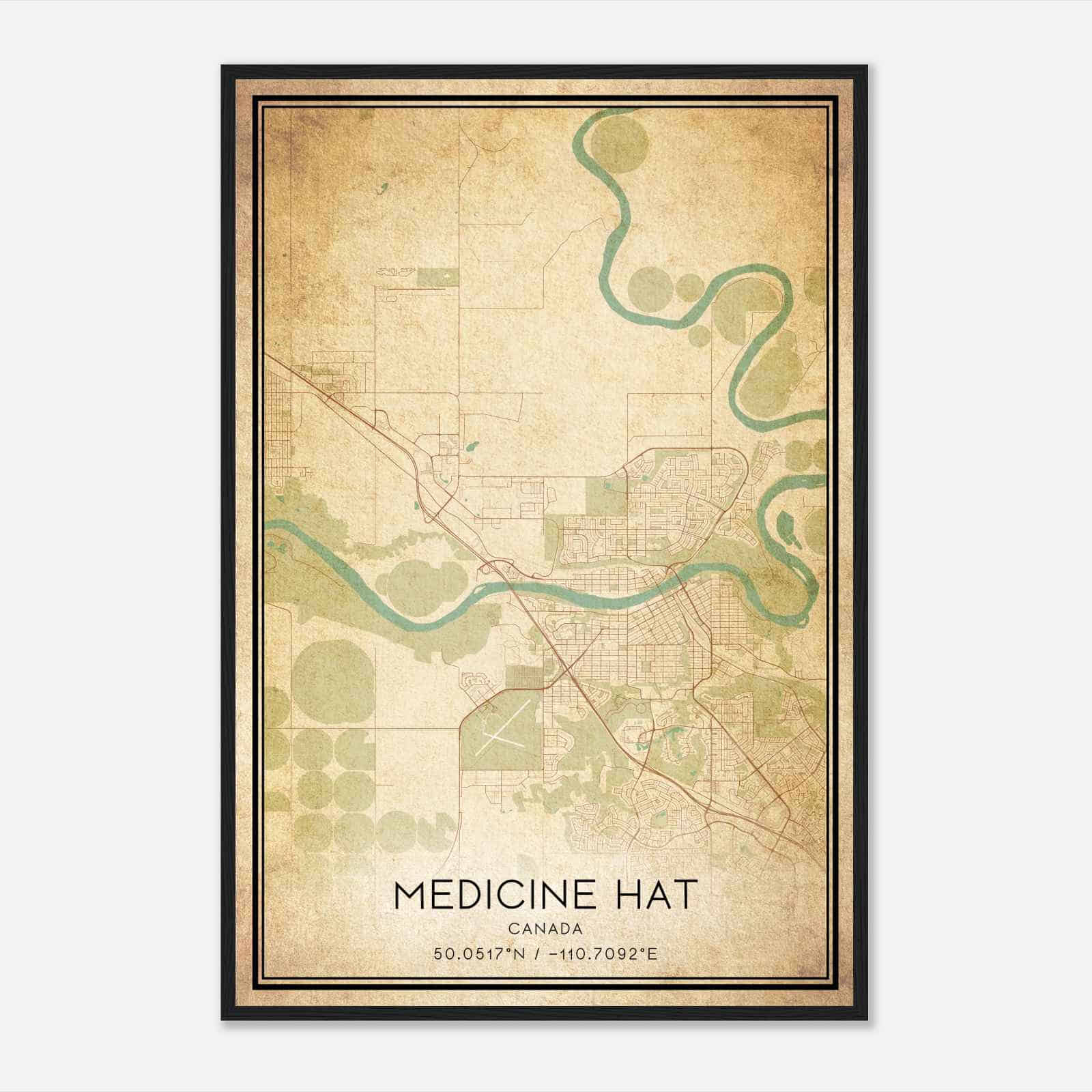 Vintage Medicine Hat Canada Map Poster, Medicine Hat City Road Wall Art Print