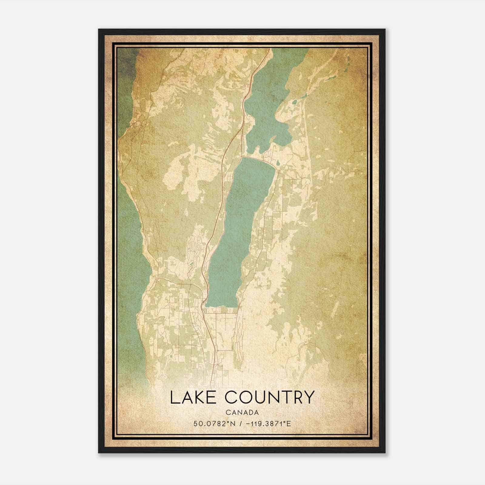 Vintage Lake Country Canada Map Poster, Lake Country City Road Wall Art Print