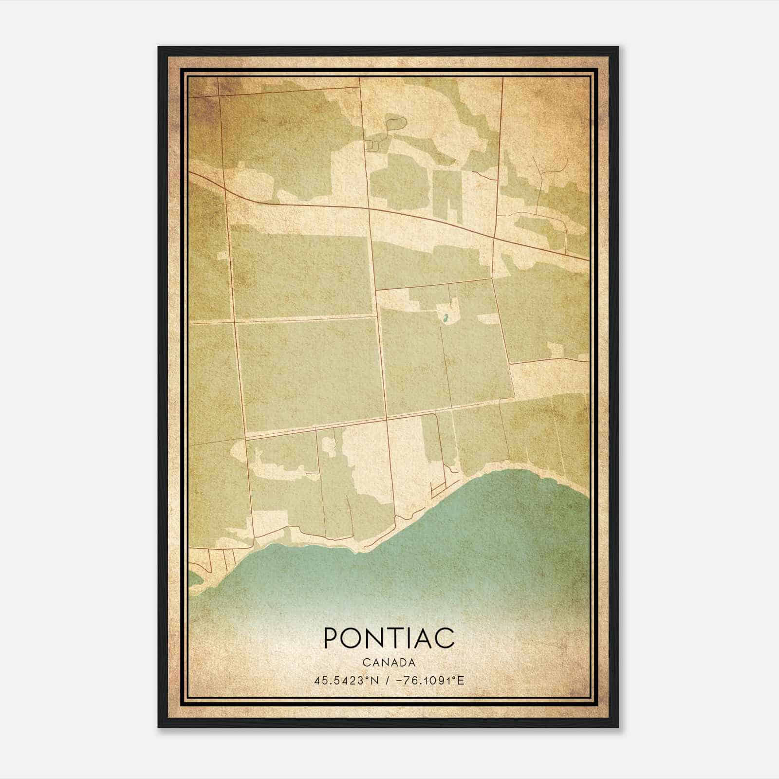 Vintage Pontiac Canada Map Poster, Pontiac City Road Wall Art Print