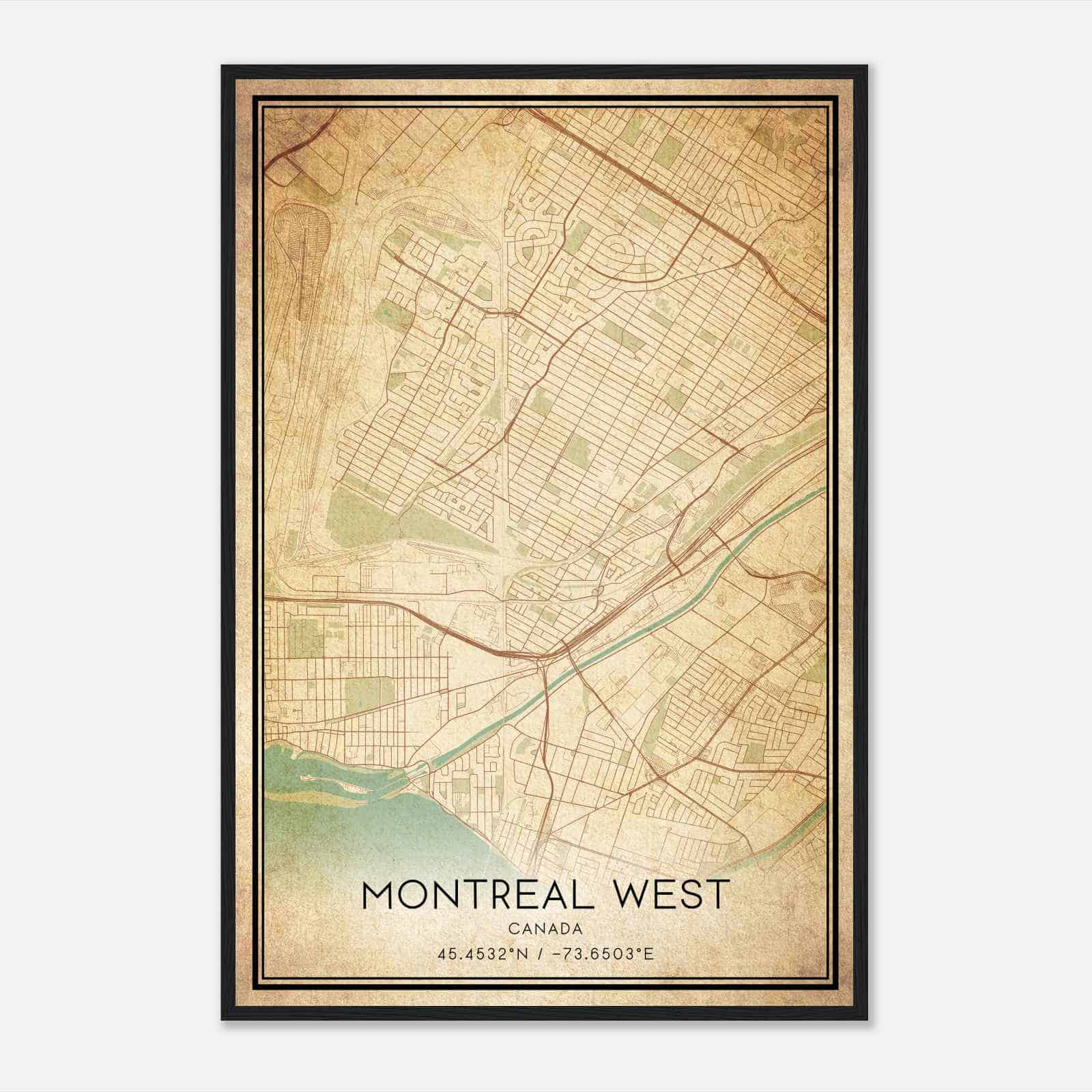 Vintage Montreal-Ouest Canada Map Poster, Montreal-Ouest City Road Wall Art Print
