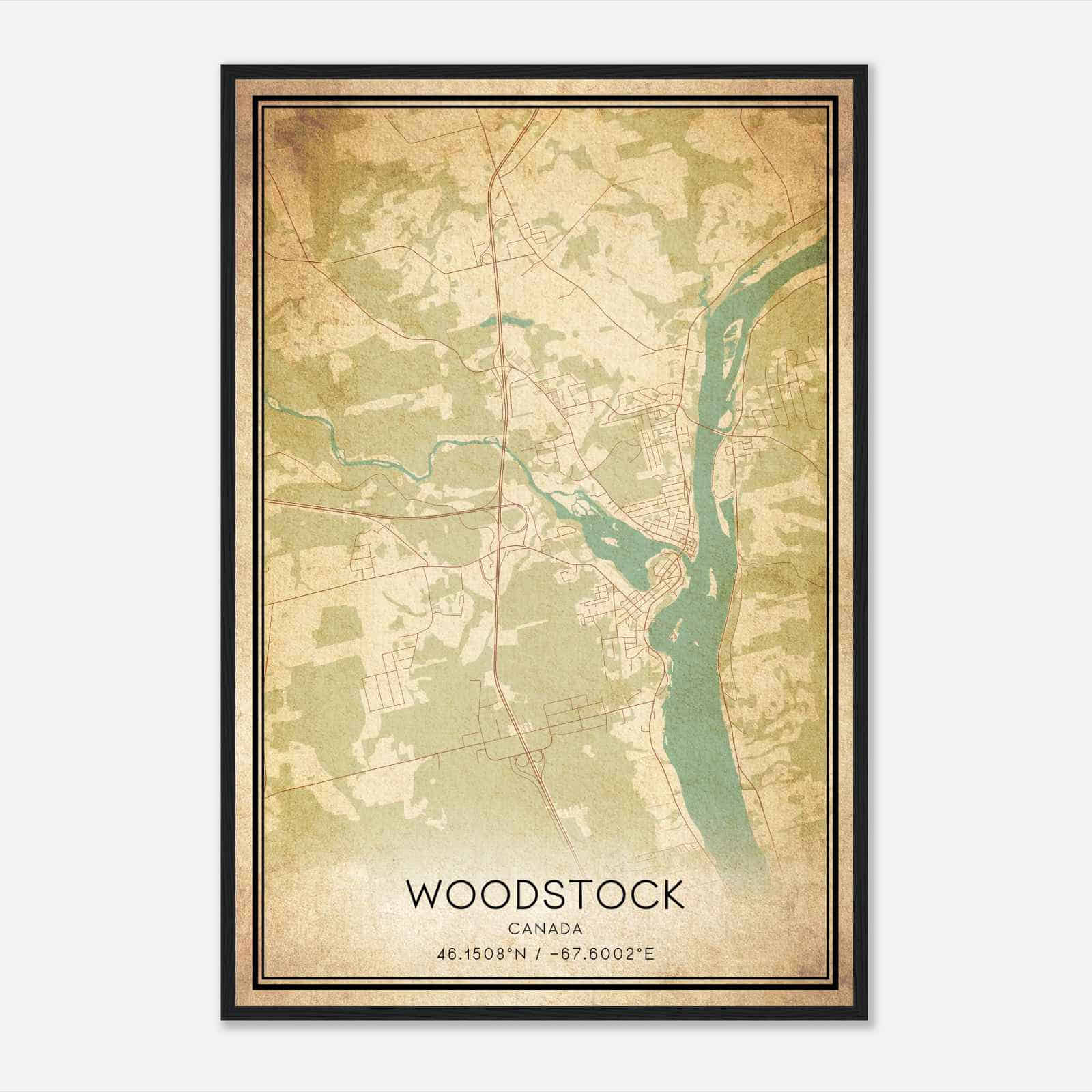 Vintage Woodstock Canada Map Poster, Woodstock City Road Wall Art Print