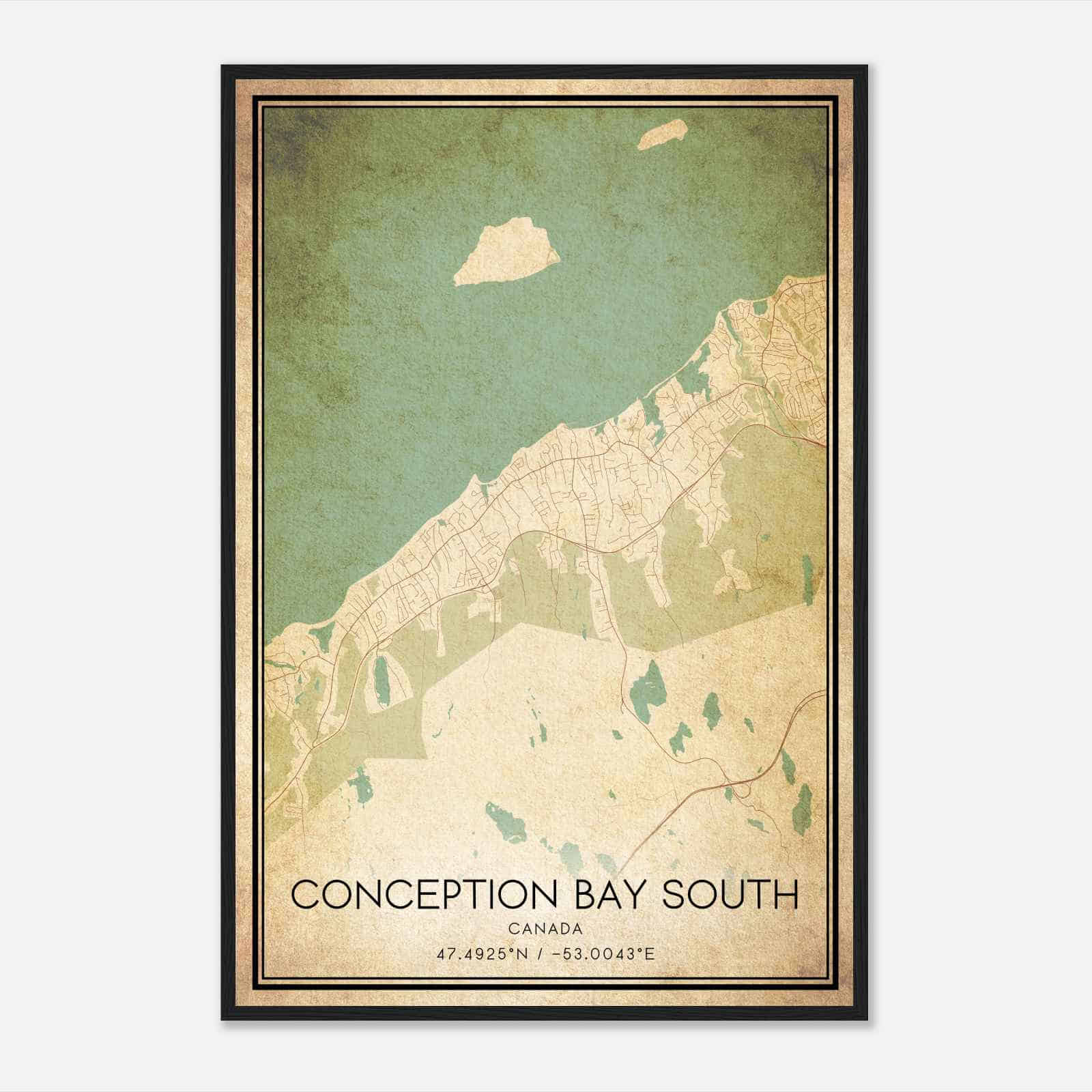 Vintage Conception Bay South Canada Map Poster, Conception Bay South City Road Wall Art Print