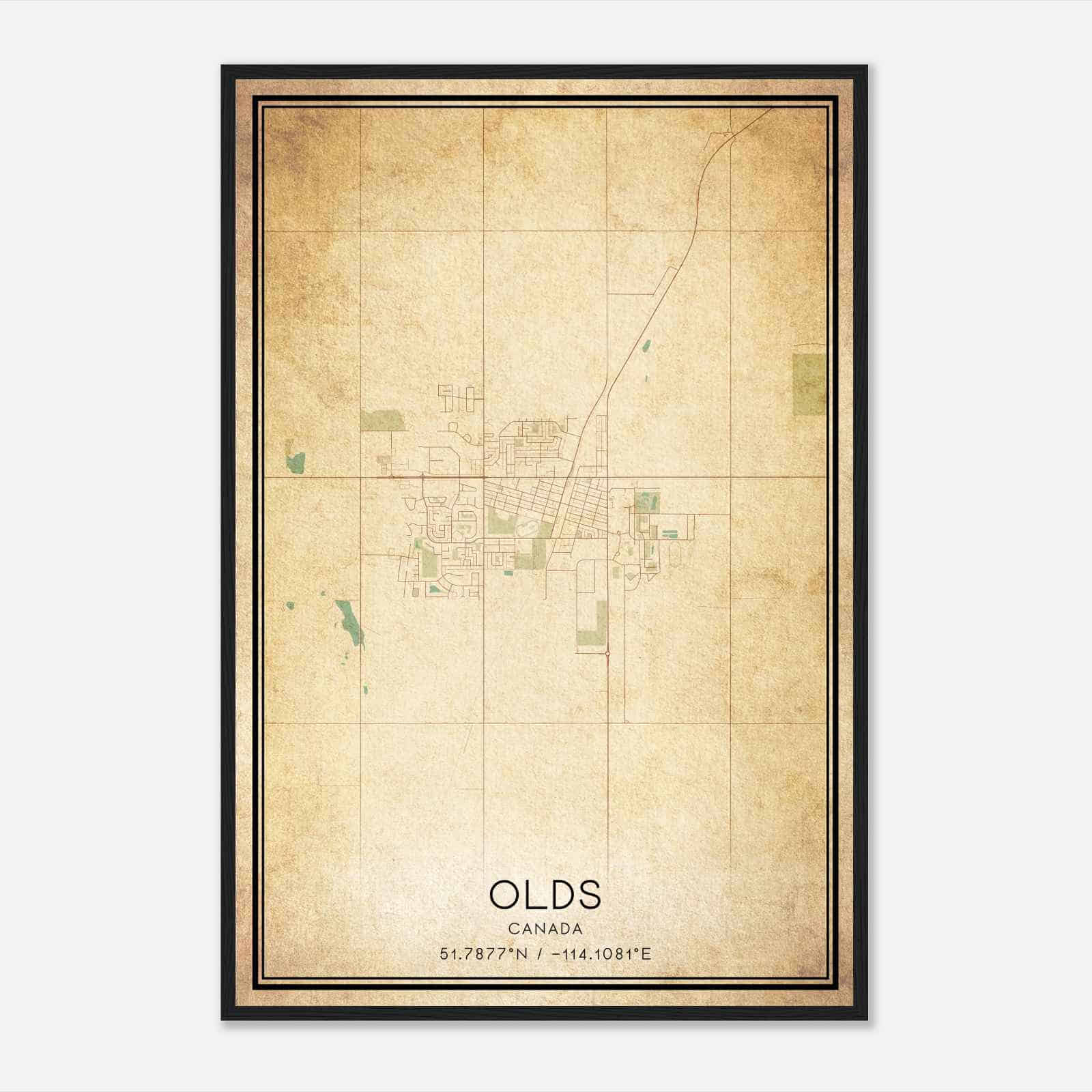 Vintage Olds Canada Map Poster, Olds City Road Wall Art Print