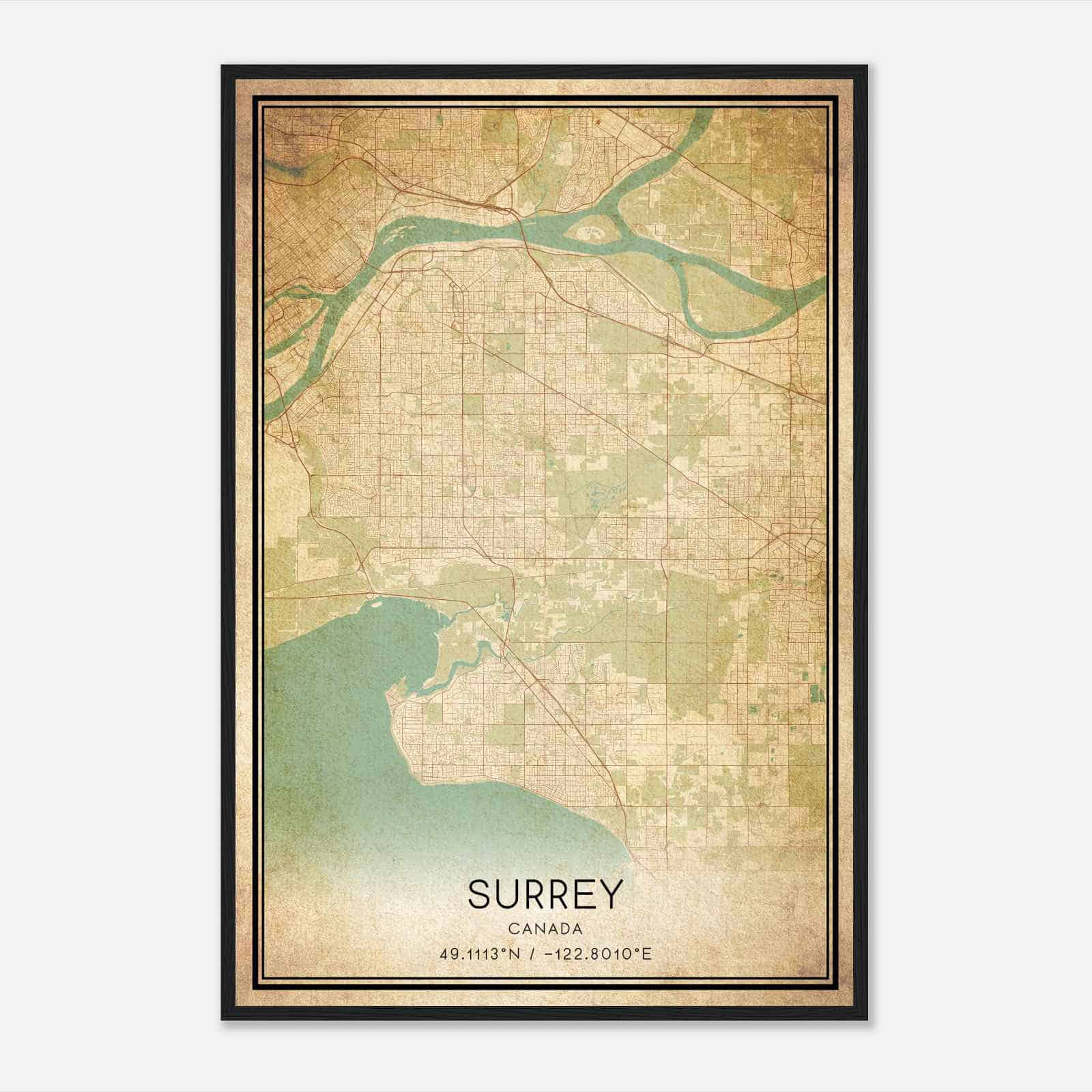 Vintage Surrey Canada Map Poster, Surrey City Road Wall Art Print