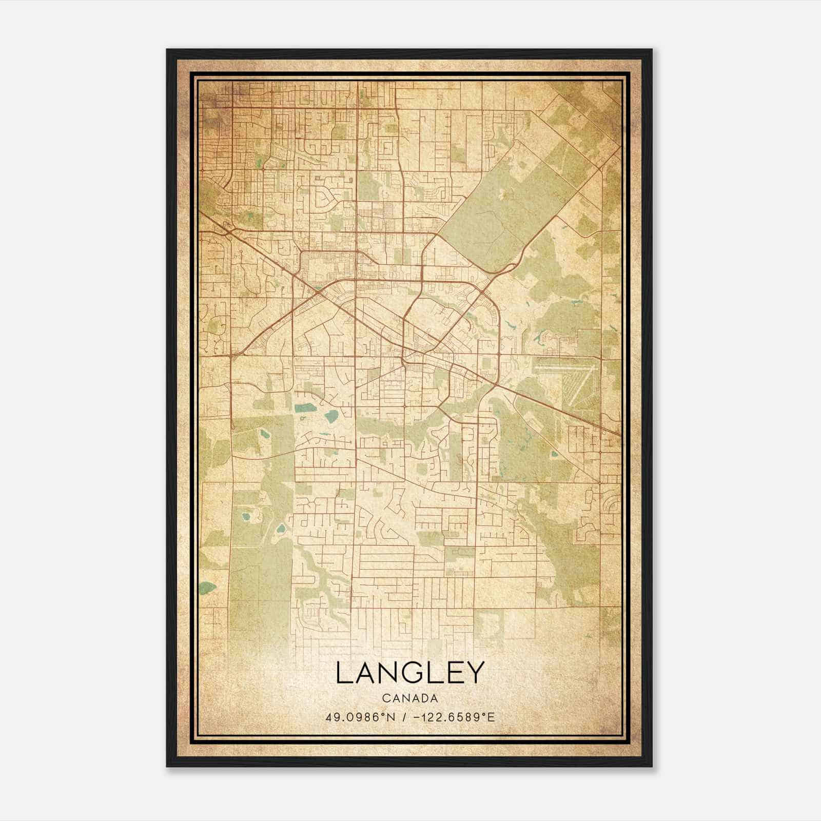 Vintage Langley Canada Map Poster, Langley City Road Wall Art Print