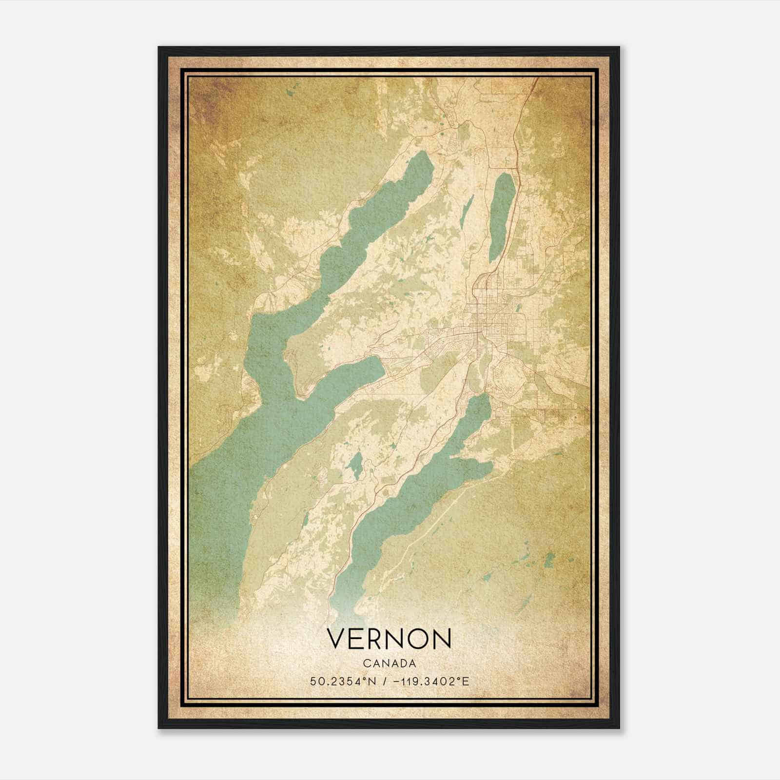 Vintage Vernon Canada Map Poster, Vernon City Road Wall Art Print