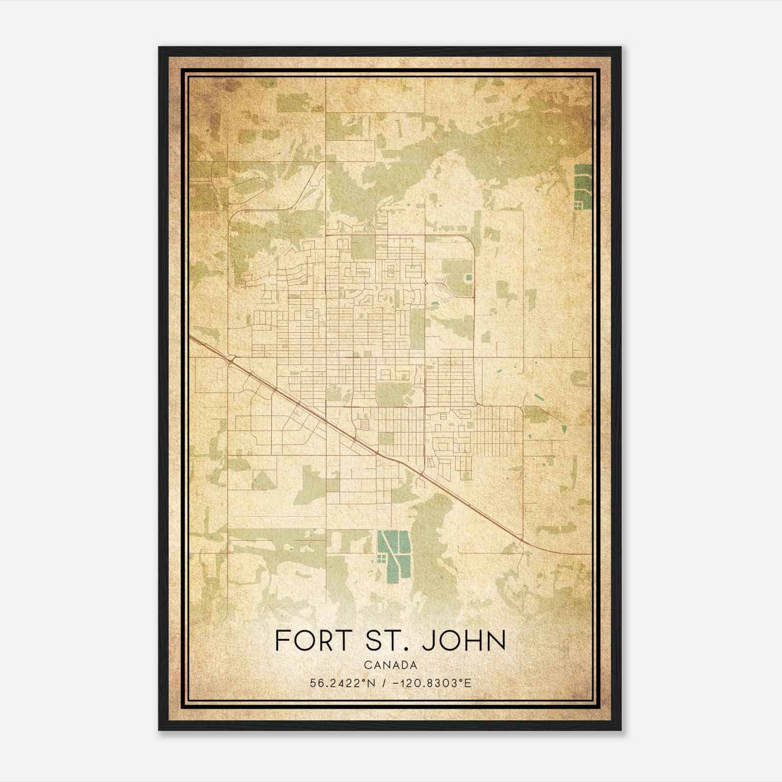 Vintage Fort St. John Canada Map Poster, Fort St. John City Road Wall Art Print