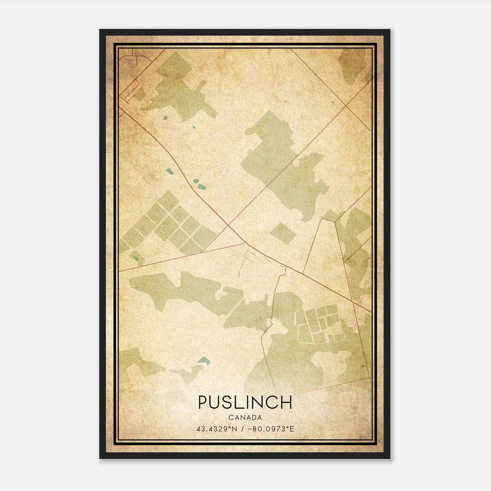 Vintage Puslinch Canada Map Poster, Puslinch City Road Wall Art Print
