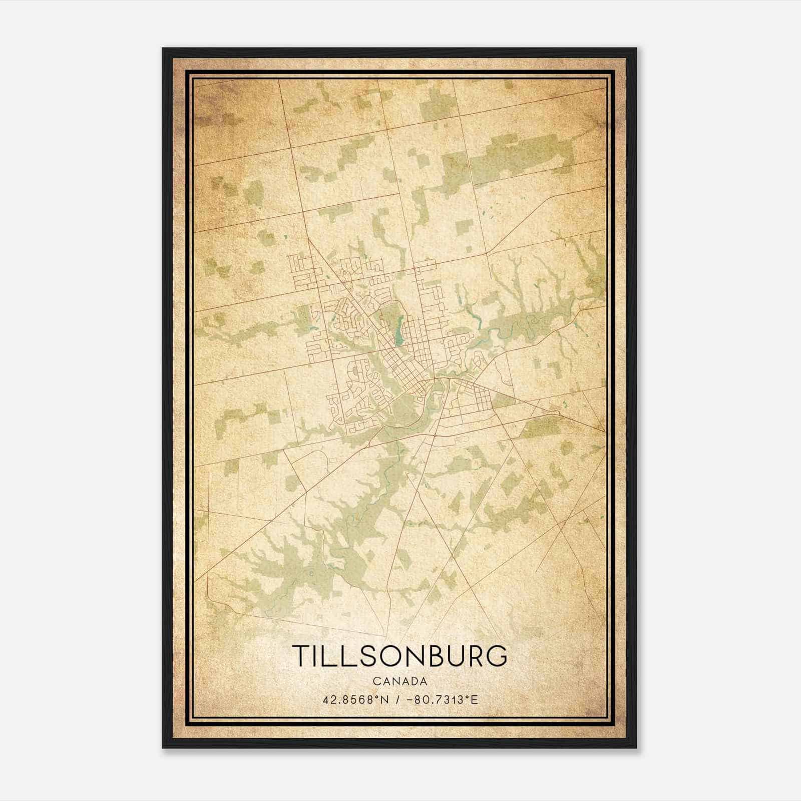 Vintage Tillsonburg Canada Map Poster, Tillsonburg City Road Wall Art Print