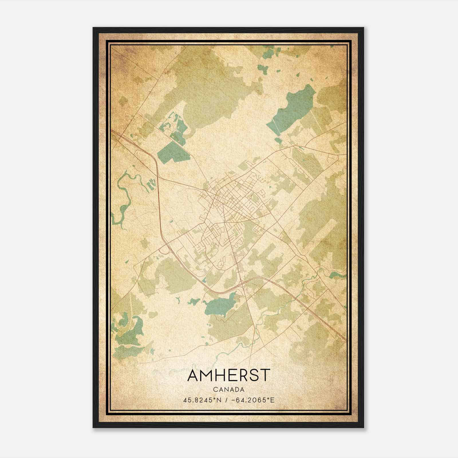 Vintage Amherst Canada Map Poster, Amherst City Road Wall Art Print