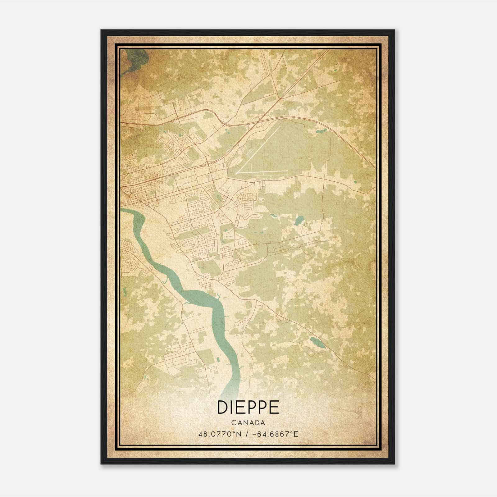 Vintage Dieppe Canada Map Poster, Dieppe City Road Wall Art Print