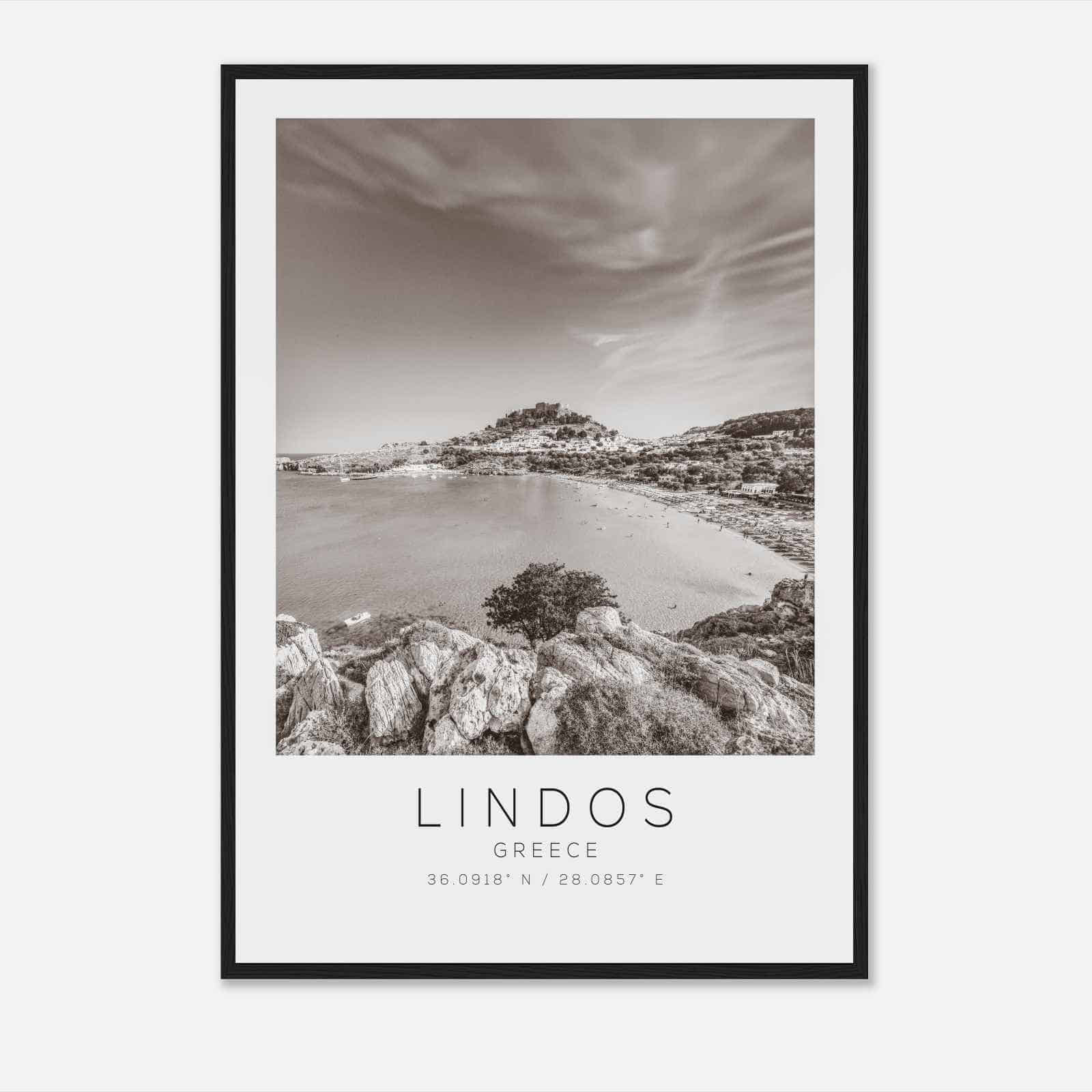 Lindos Greece Travel Photo Poster BW, Lindos Travel Print, Minimalist Travel Poster Print