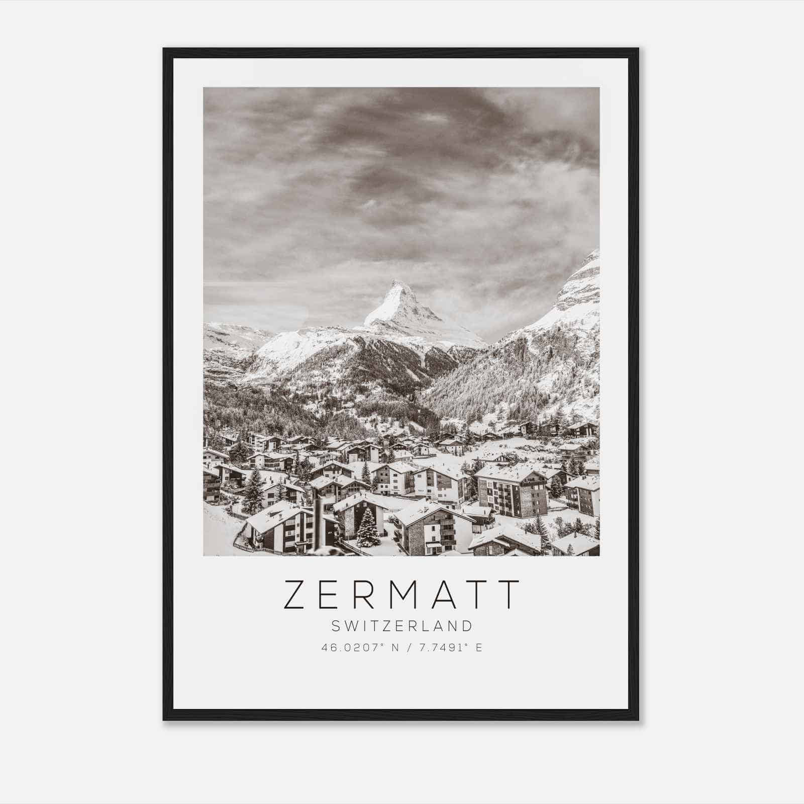 Zermatt Switzerland Travel Photo Poster BW, Zermatt Travel Print, Minimalist Travel Poster Print