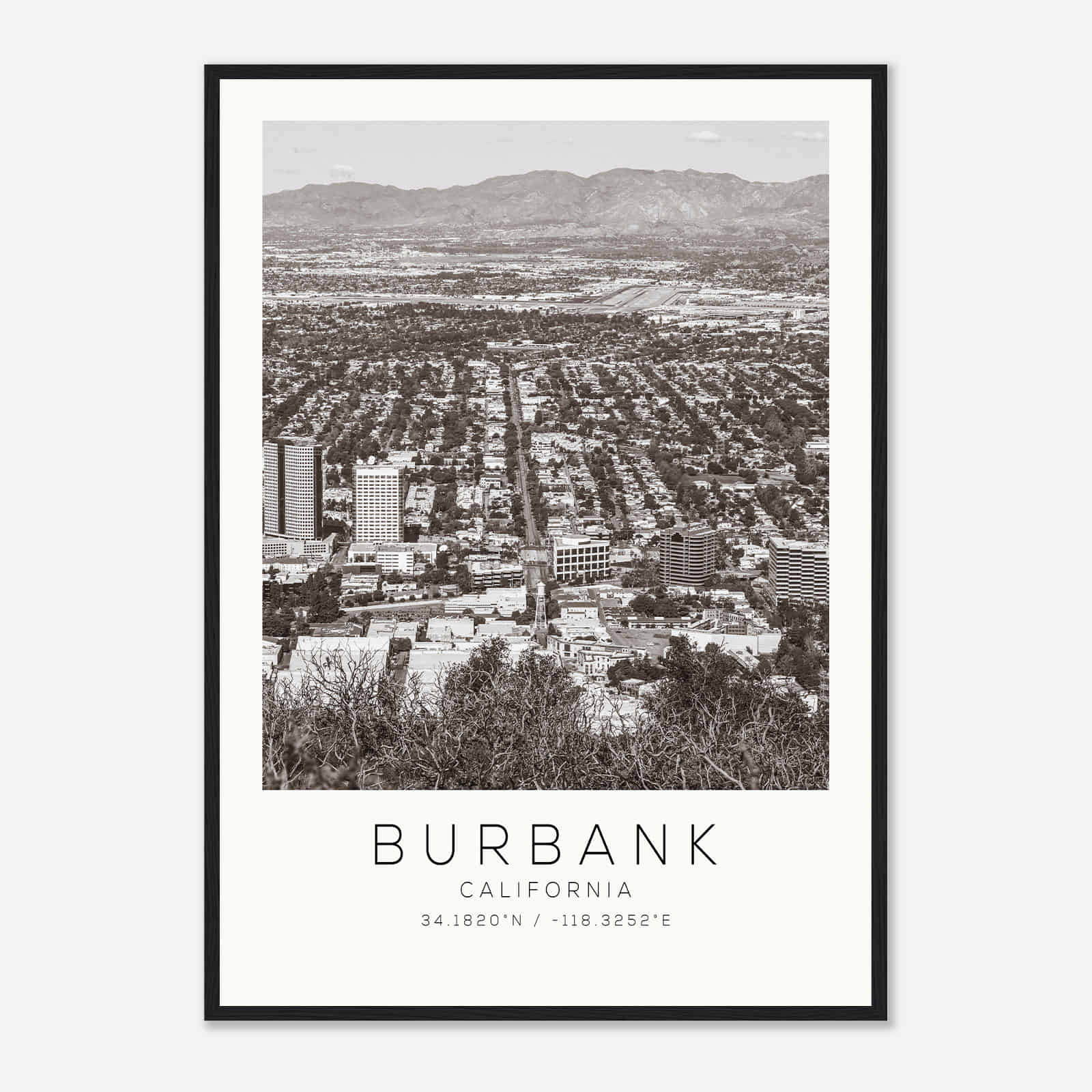 Burbank California Photo Travel Poster BW, Burbank Travel Print, Minimalist Travel Print