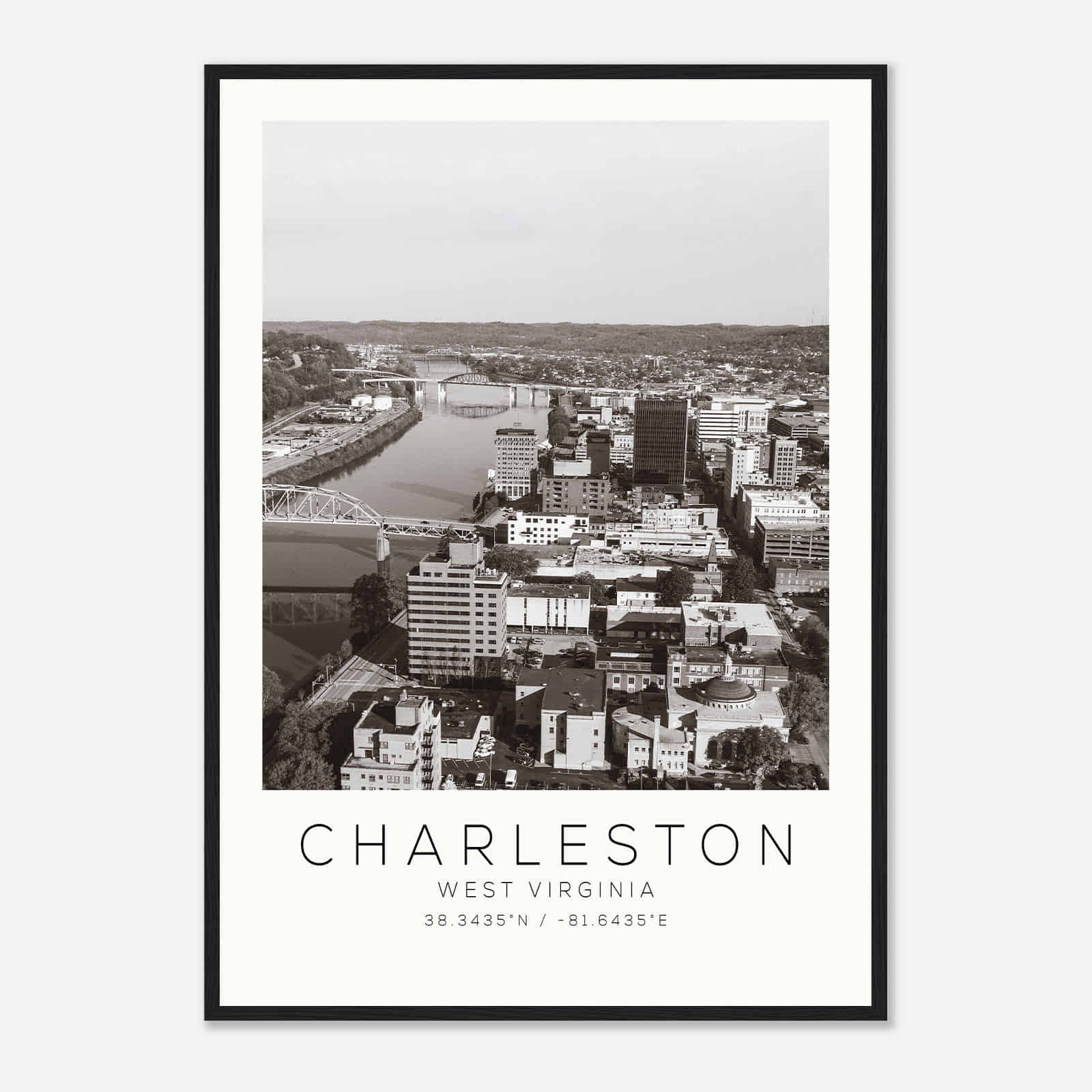Charleston West Virginia Photo Travel Poster BW, Charleston Travel Print, Minimalist Travel Print DS2