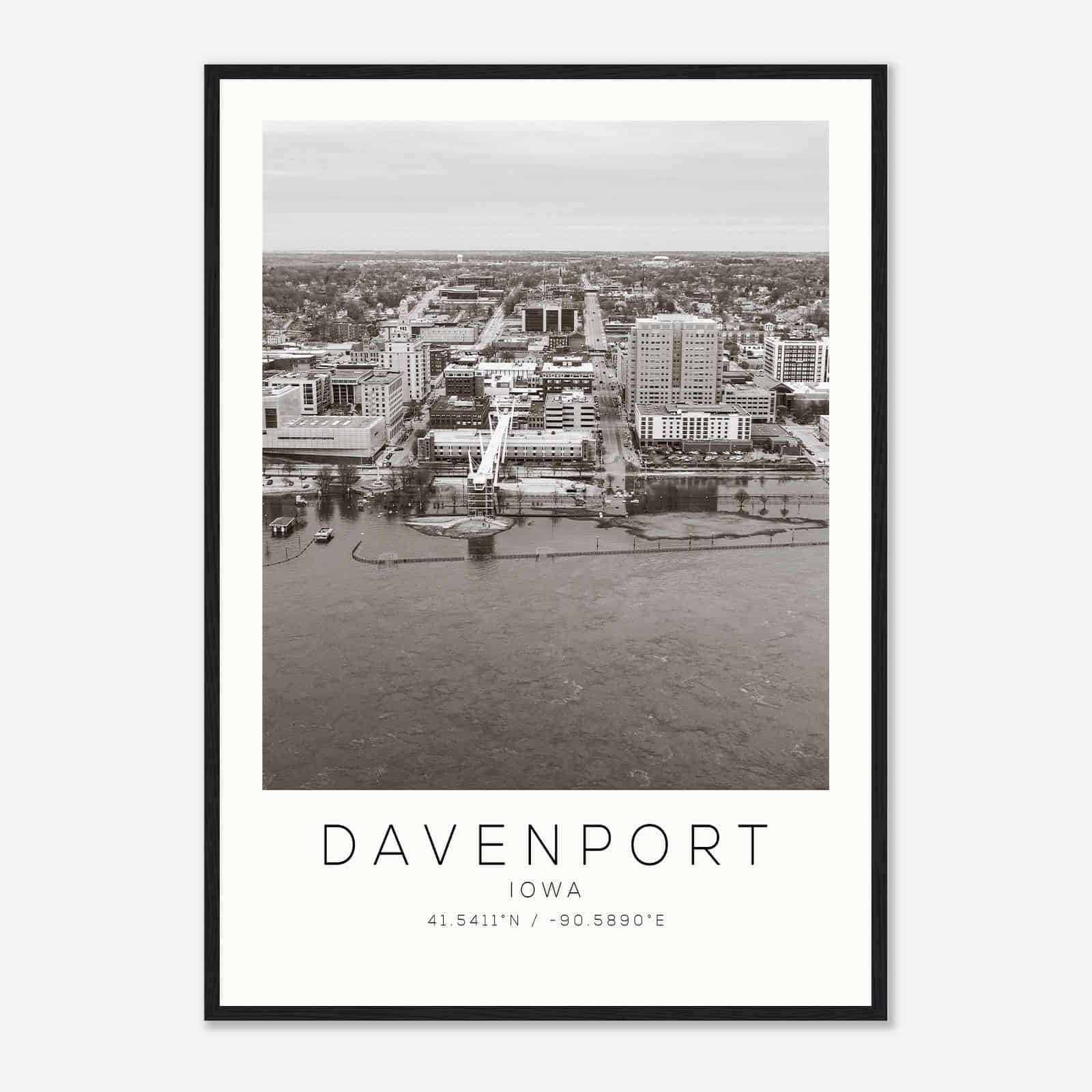 Davenport Iowa Photo Travel Poster BW, Davenport Travel Print, Minimalist Travel Print