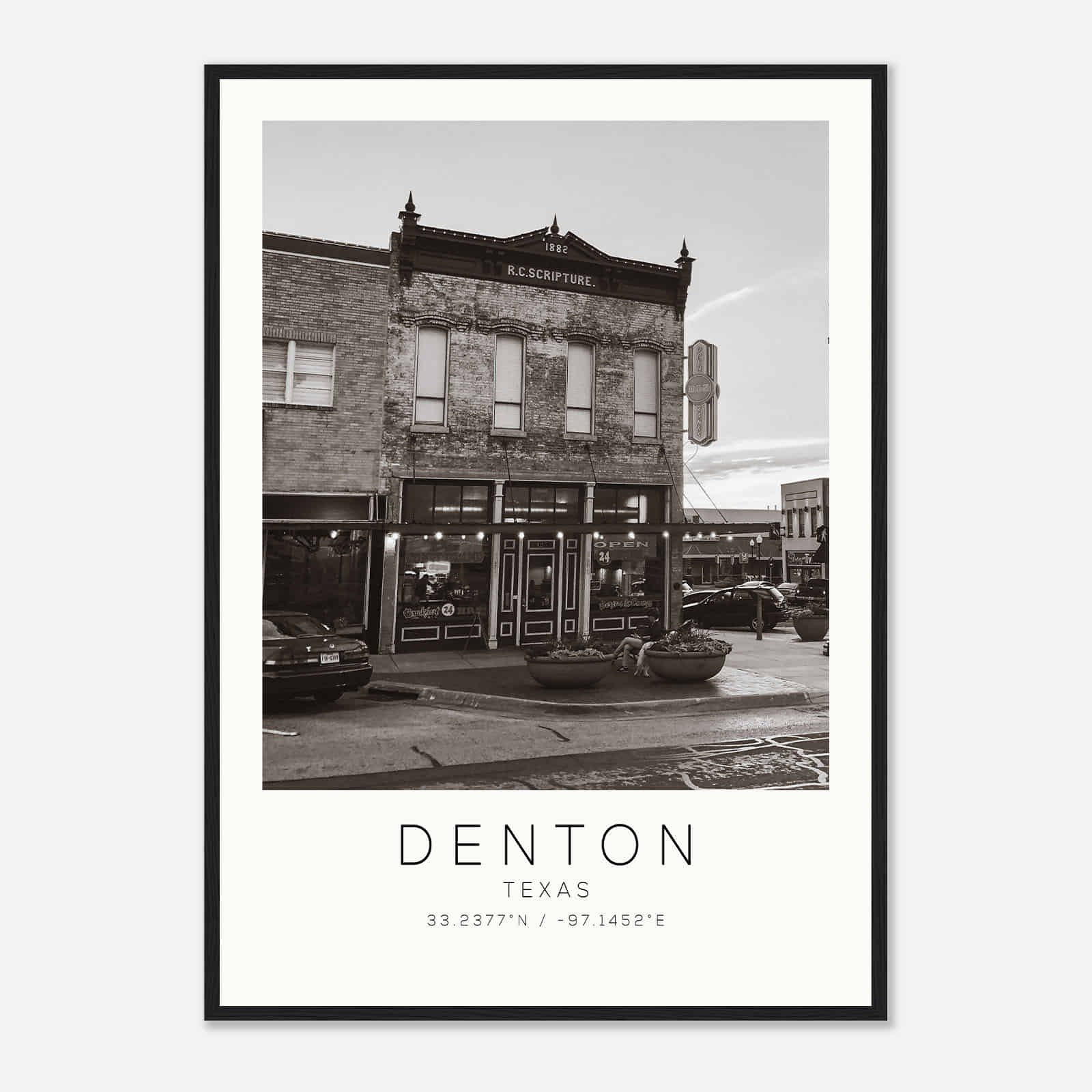Denton Texas Photo Travel Poster BW, Denton Travel Print, Minimalist Travel Print DS1