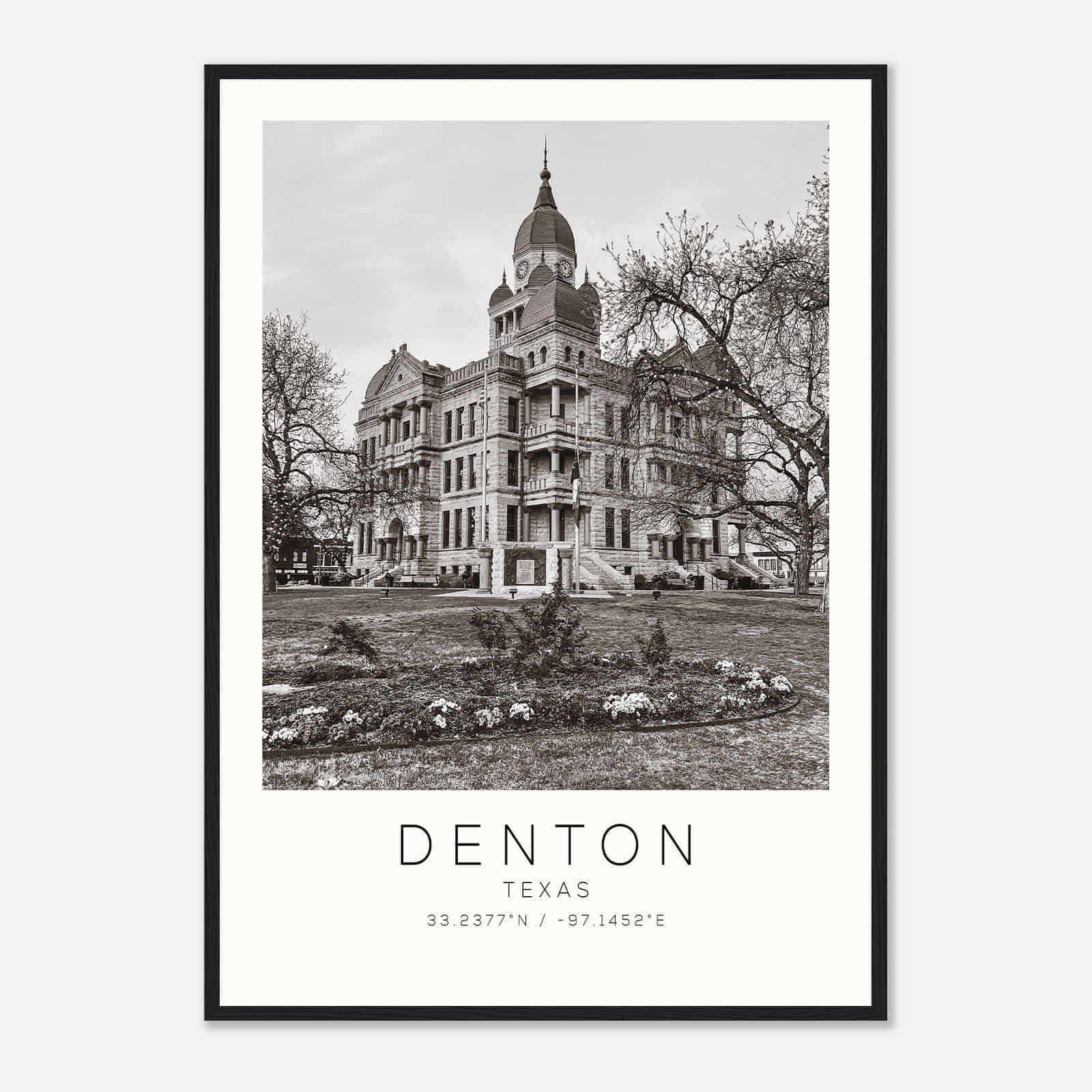 Denton Texas Photo Travel Poster BW, Denton Travel Print, Minimalist Travel Print DS2