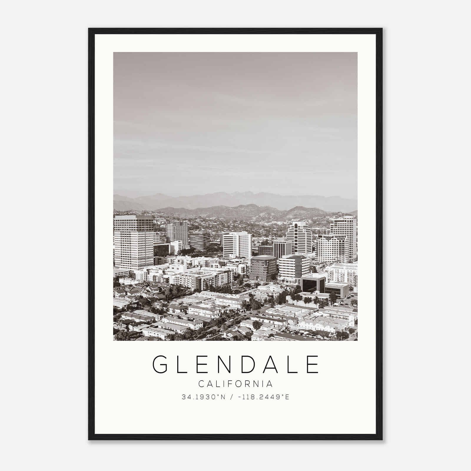 Glendale California Photo Travel Poster BW, Glendale Travel Print, Minimalist Travel Print