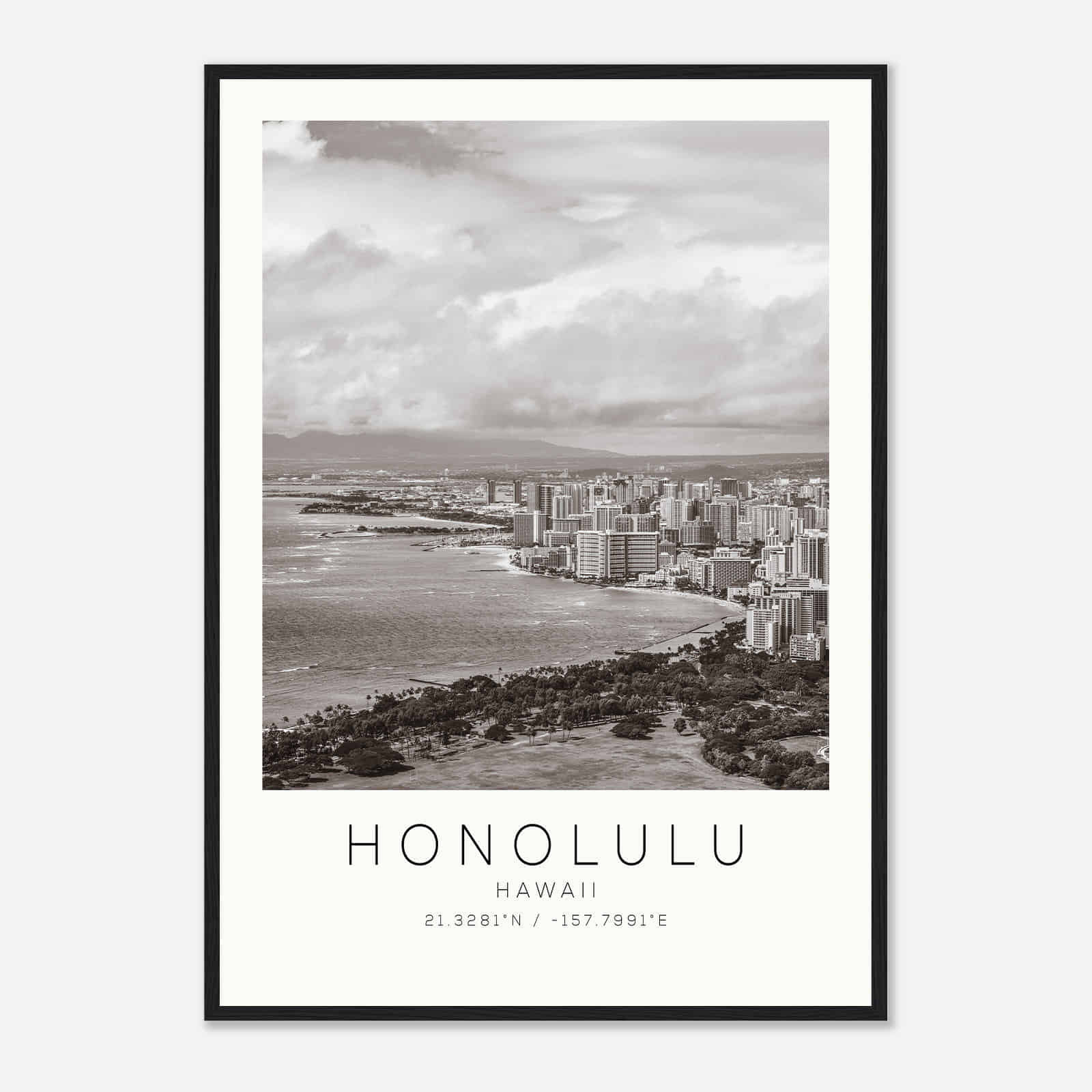Honolulu Hawaii DS1 Photo Travel Poster BW, Honolulu Hawaii Travel Print, Minimalist Travel Print
