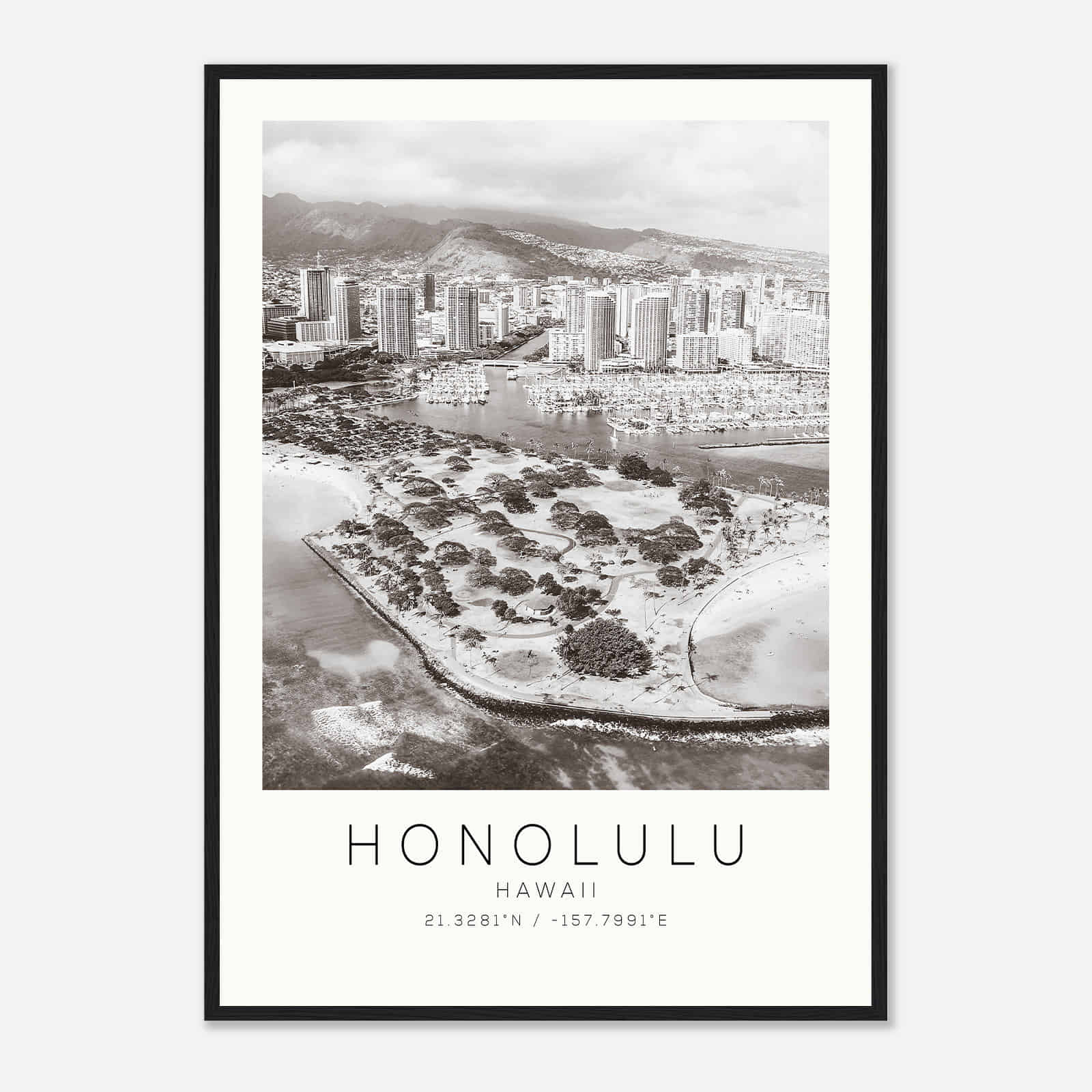 Honolulu Hawaii DS2 Photo Travel Poster BW, Honolulu Hawaii Travel Print, Minimalist Travel Print
