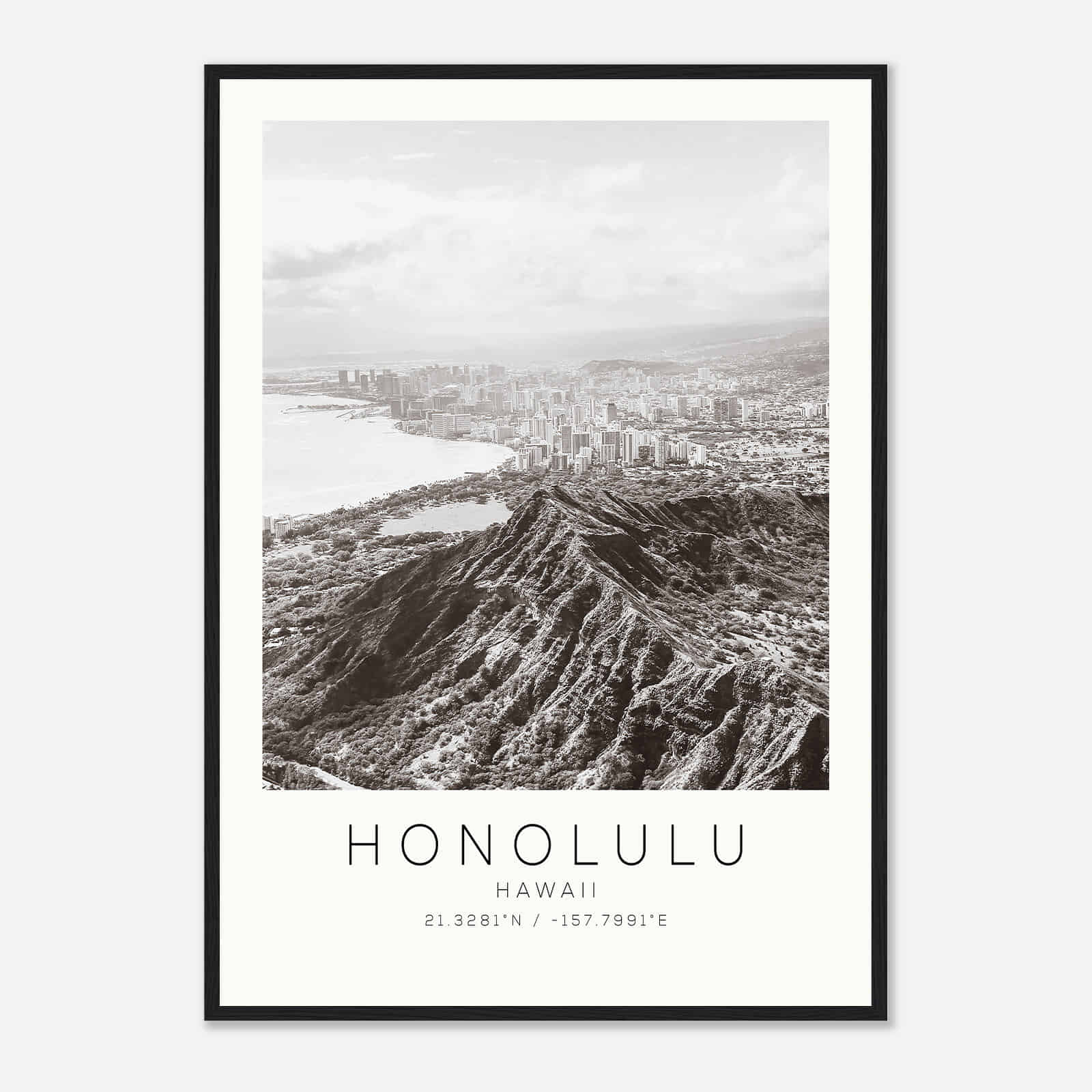 Honolulu Hawaii DS3 Photo Travel Poster BW, Honolulu Hawaii Travel Print, Minimalist Travel Print