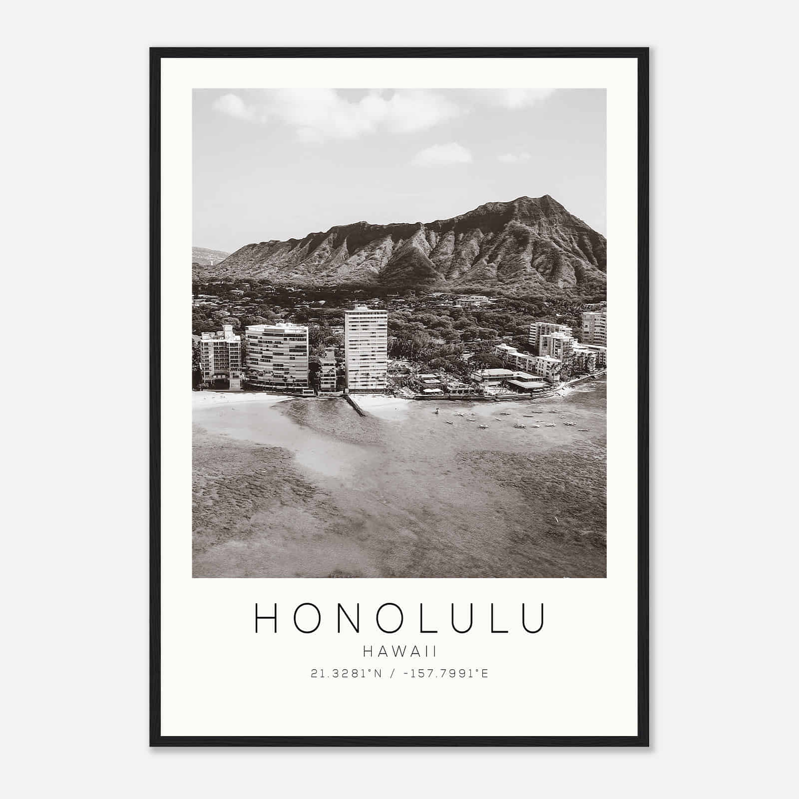 Honolulu Hawaii DS5 Photo Travel Poster BW, Honolulu Hawaii Travel Print, Minimalist Travel Print