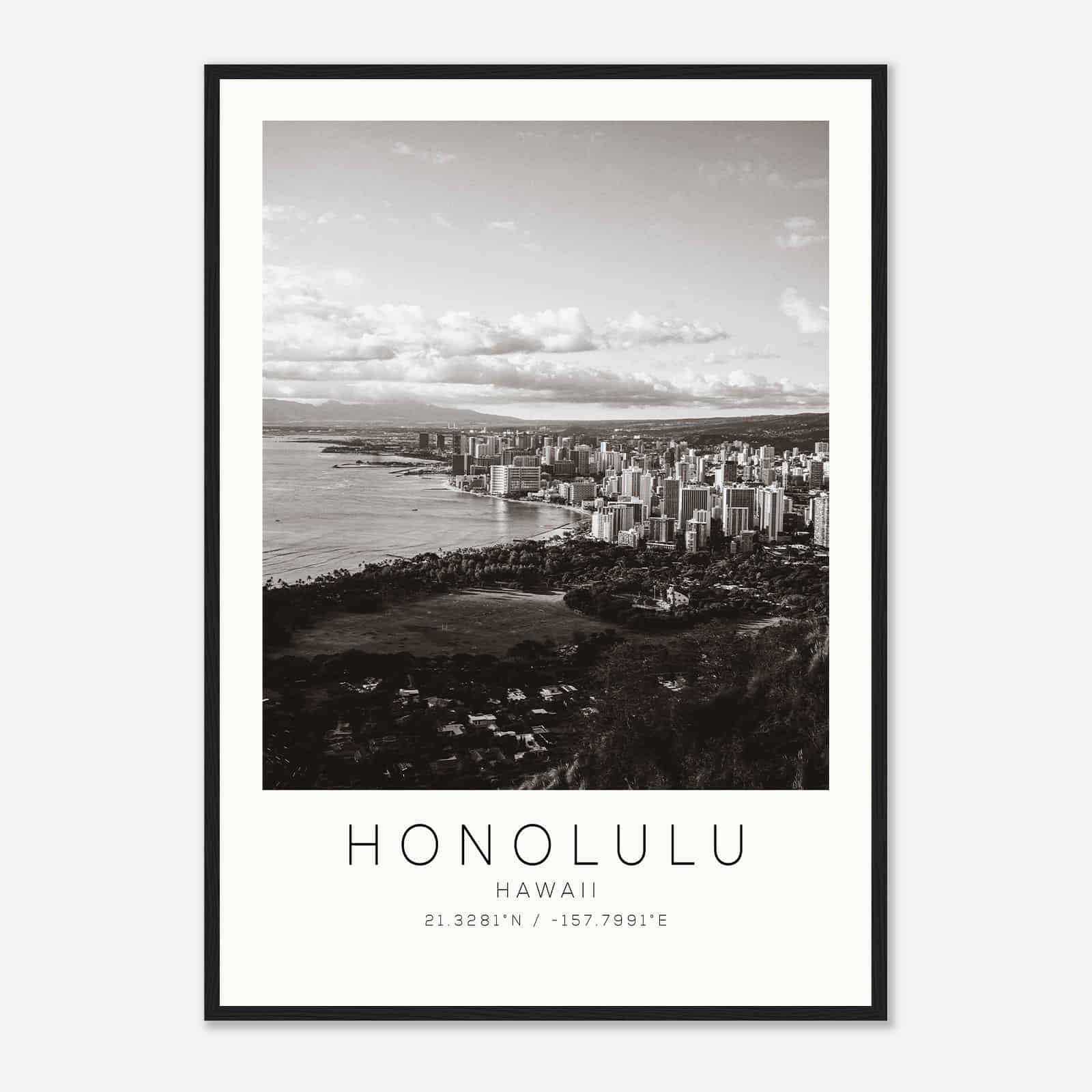 Honolulu Hawaii DS6 Photo Travel Poster BW, Honolulu Hawaii Travel Print, Minimalist Travel Print
