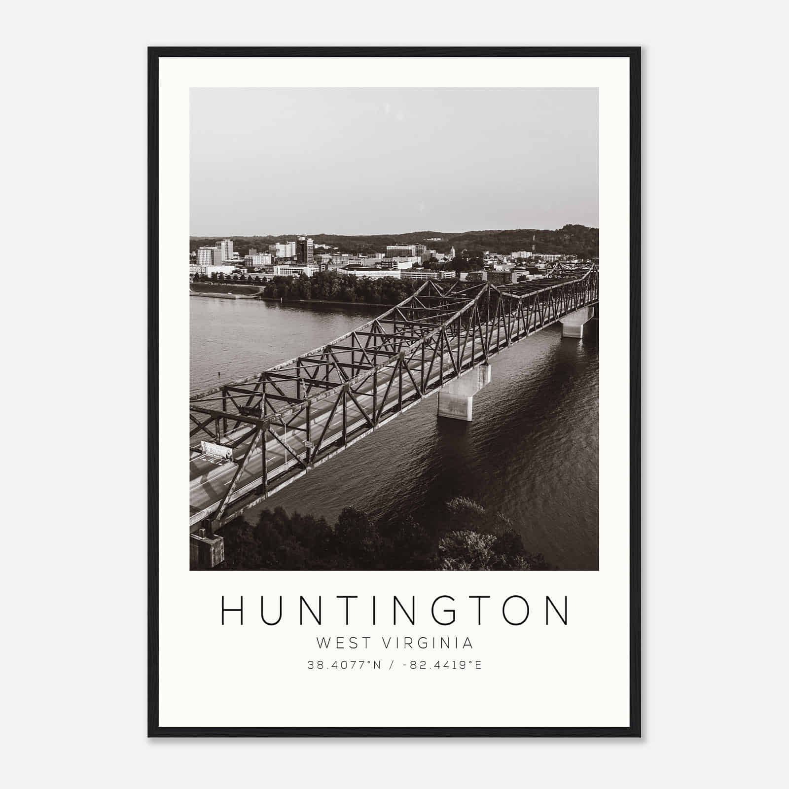Huntington West Virginia Photo Travel Poster BW, Huntington Travel Print, Minimalist Travel Print