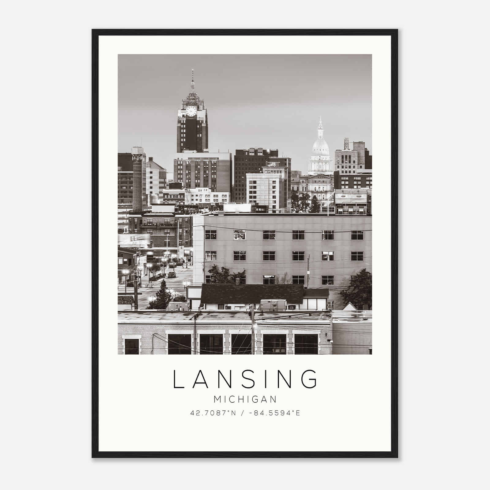 Lansing Michigan Photo Travel Poster BW, Lansing Travel Print, Minimalist Travel Print DS1