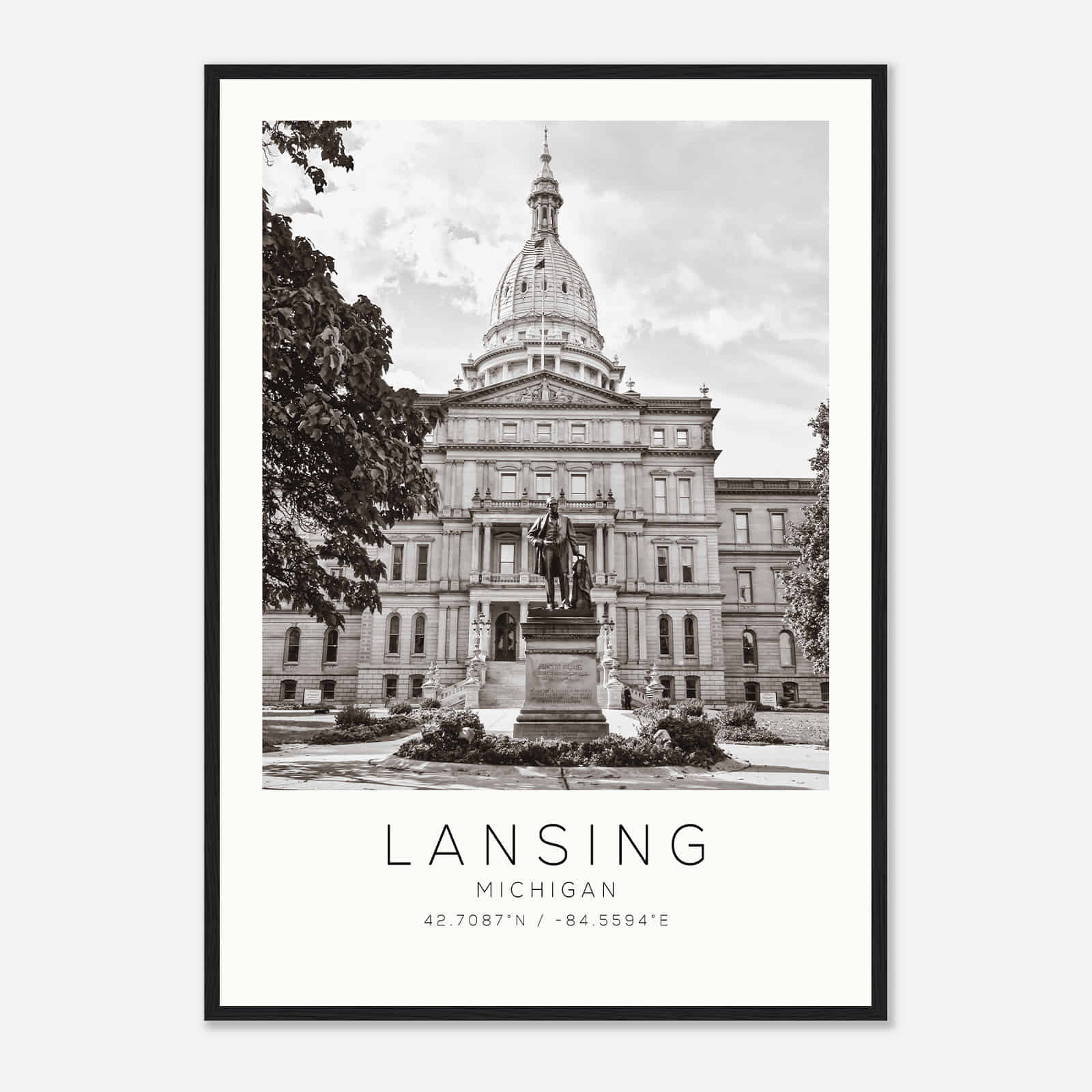 Lansing Michigan Photo Travel Poster BW, Lansing Travel Print, Minimalist Travel Print DS2