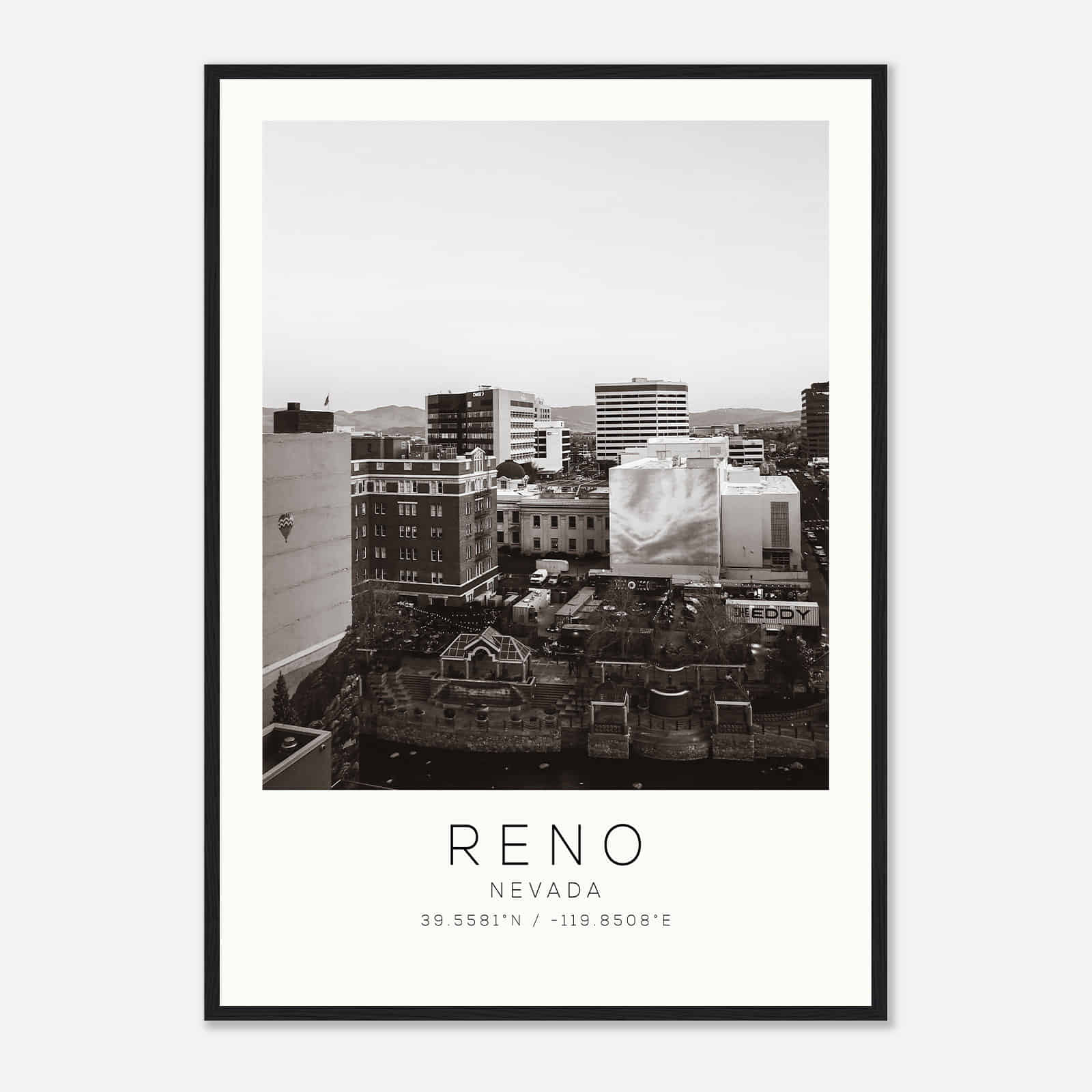 Reno Nevada Photo Travel Poster BW, Reno Travel Print, Minimalist Travel Print DS1
