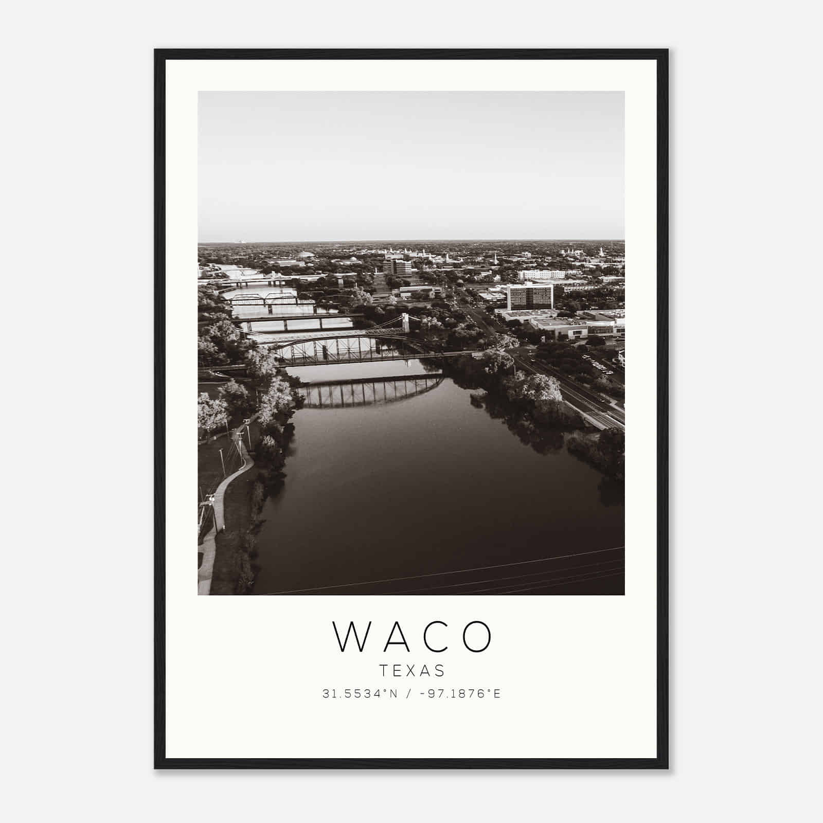Waco Texas Photo Travel Poster BW, Waco Travel Print, Minimalist Travel Print