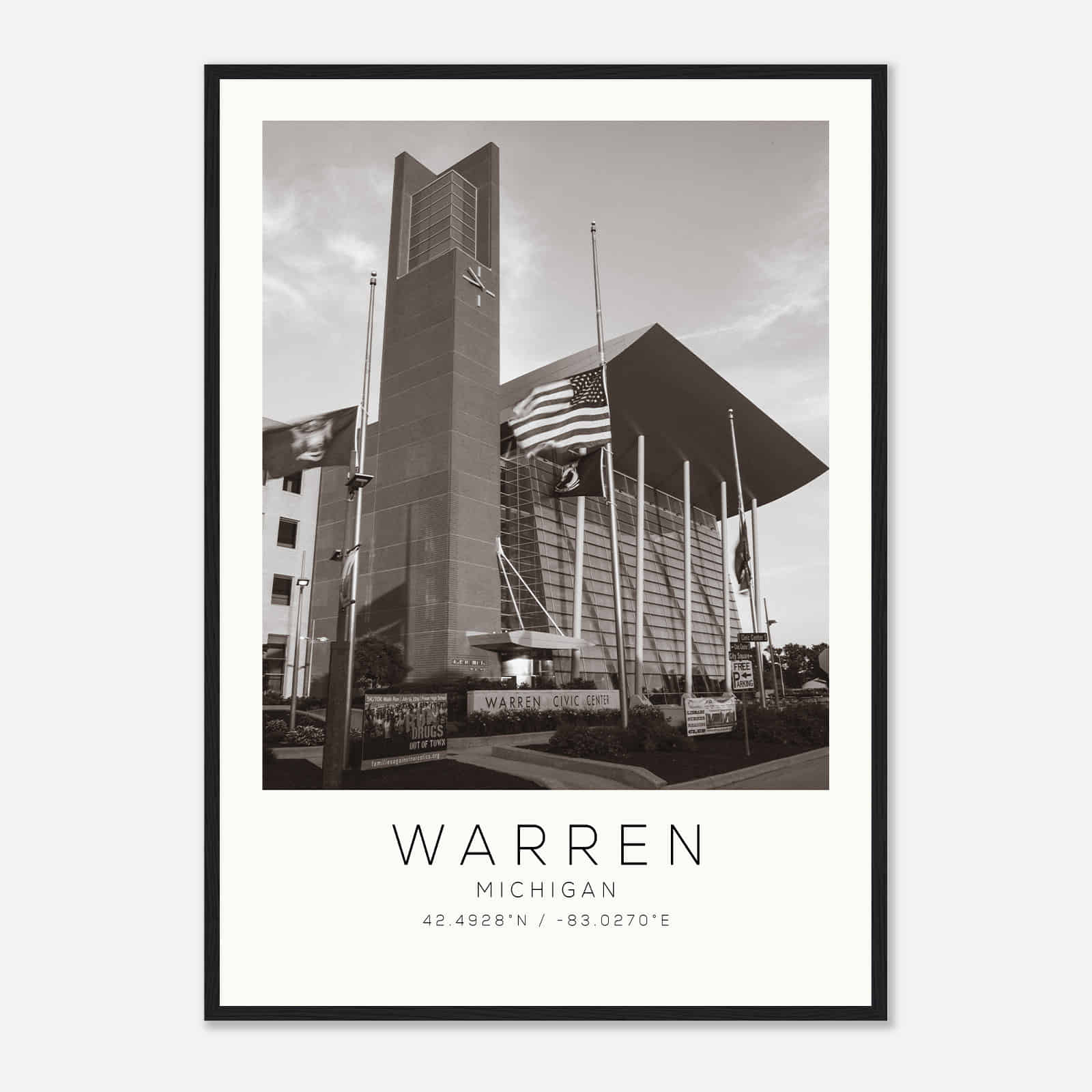 Warren Michigan Photo Travel Poster BW, Warren Travel Print, Minimalist Travel Print