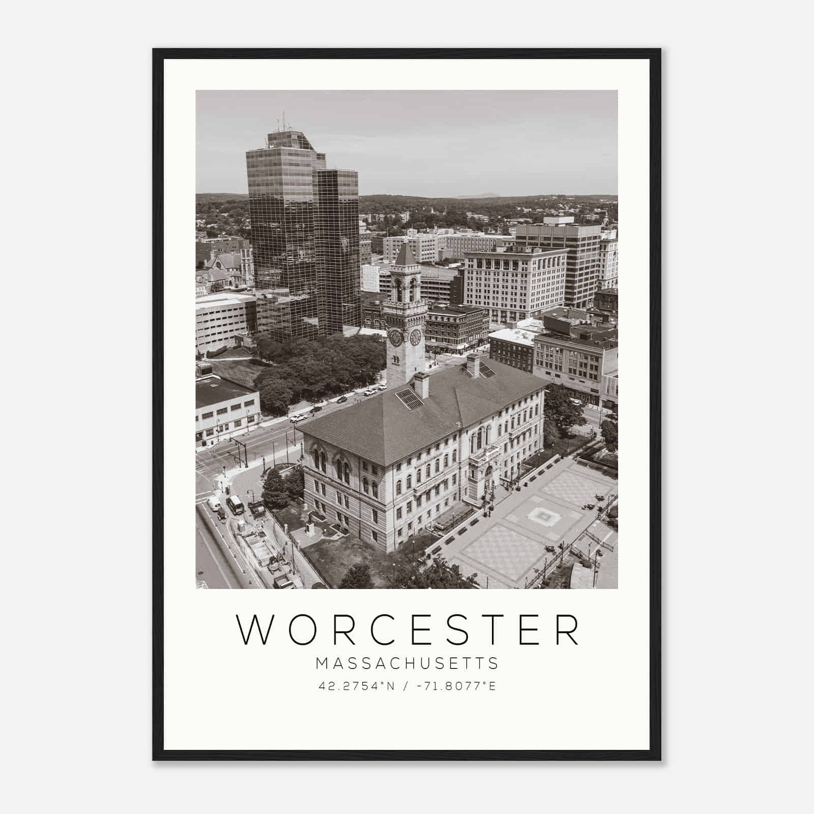 Worcester Massachusetts Photo Travel Poster BW, Worcester Travel Print, Minimalist Travel Print DS1