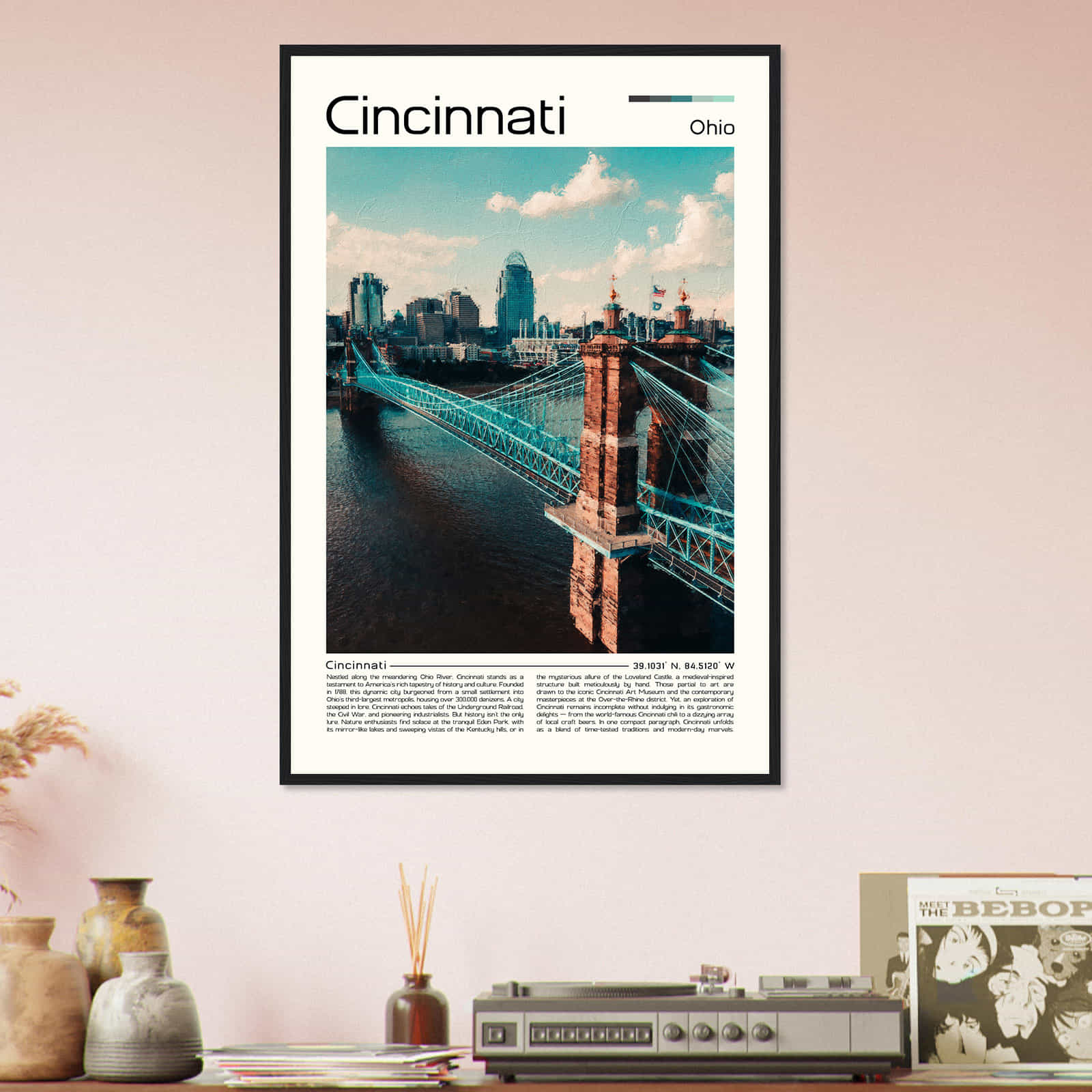 Cincinnati Ohio Cityscape Poster Print, Cincinnati Ohio Digital Oil Paint Poster DS-1