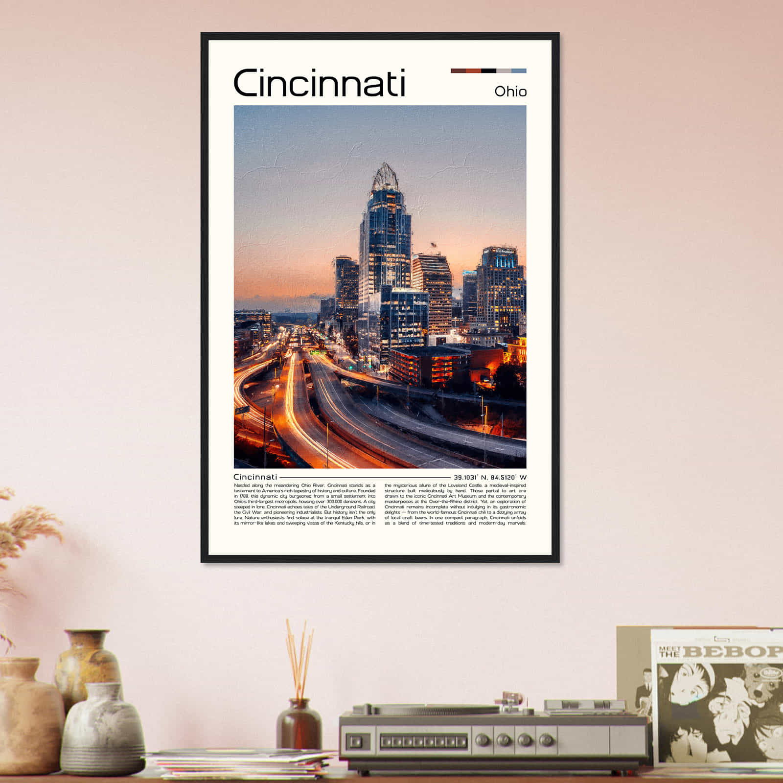 Cincinnati Ohio Cityscape Poster Print, Cincinnati Ohio Digital Oil Paint Poster DS-2