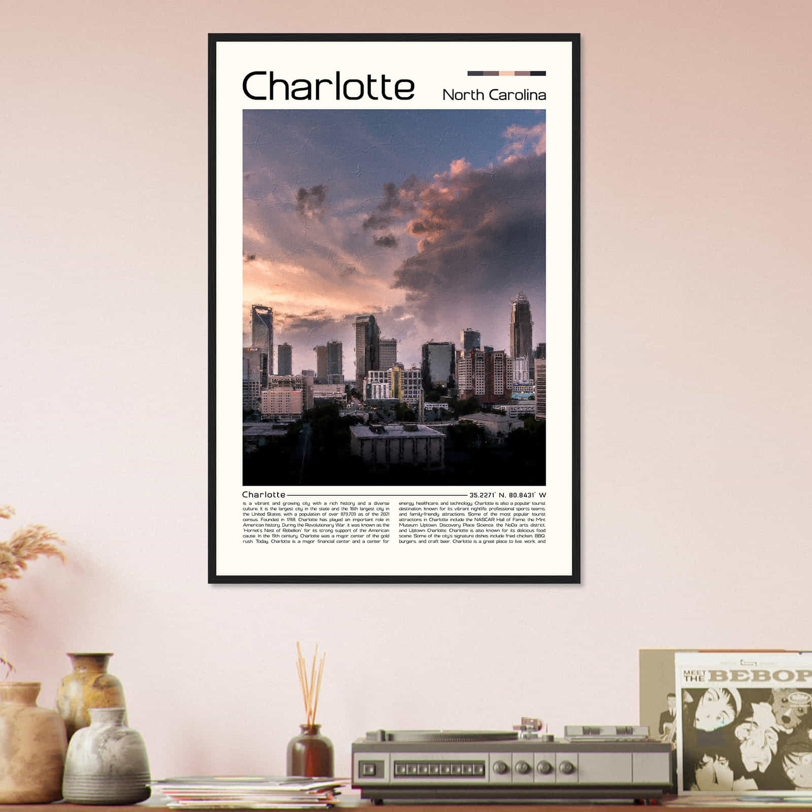 Charlotte North Carolina Cityscape Poster Print, Charlotte North Carolina Digital Oil Paint Poster DS-6