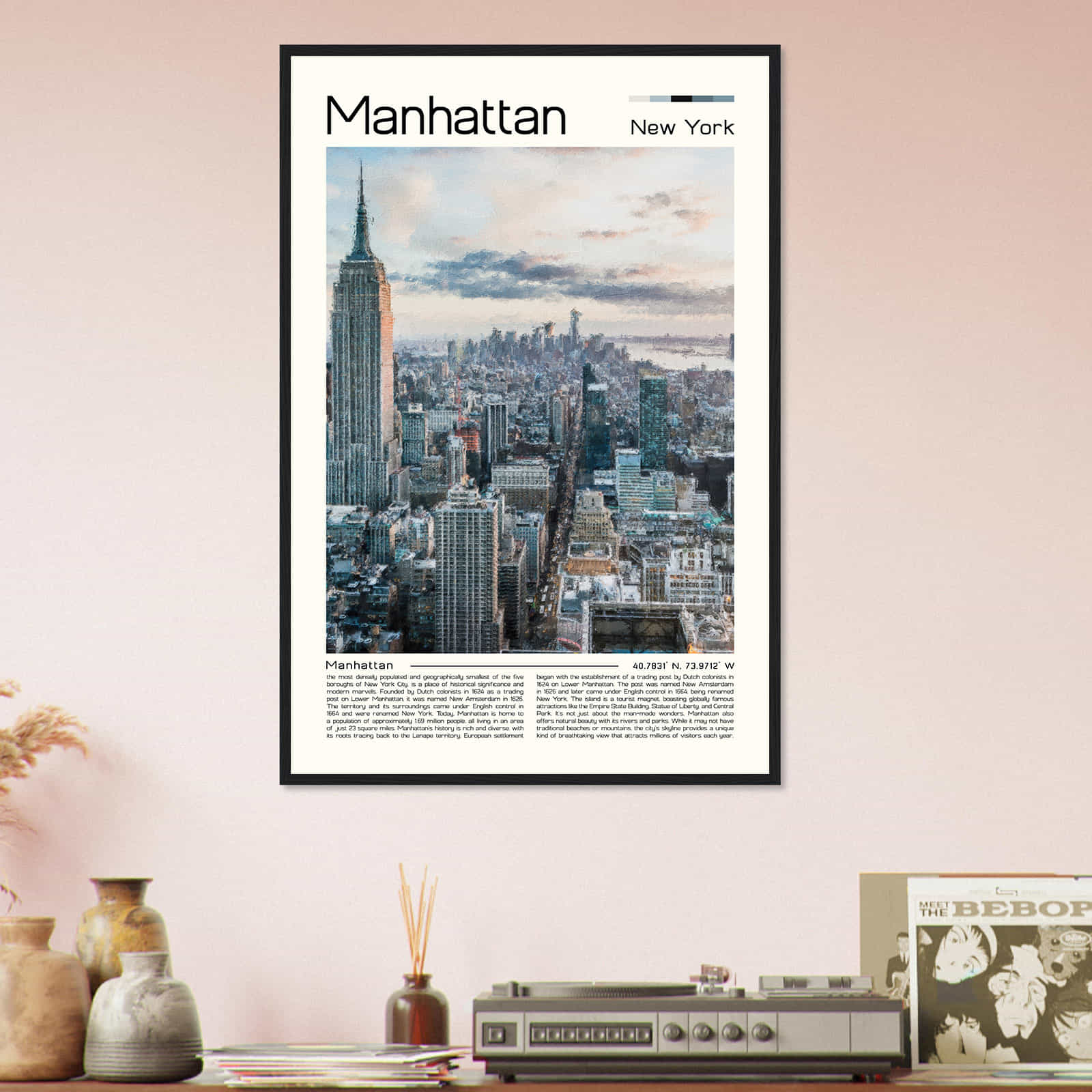 Manhattan New York Cityscape Poster Print, Manhattan New York Digital Oil Paint Poster DS-1