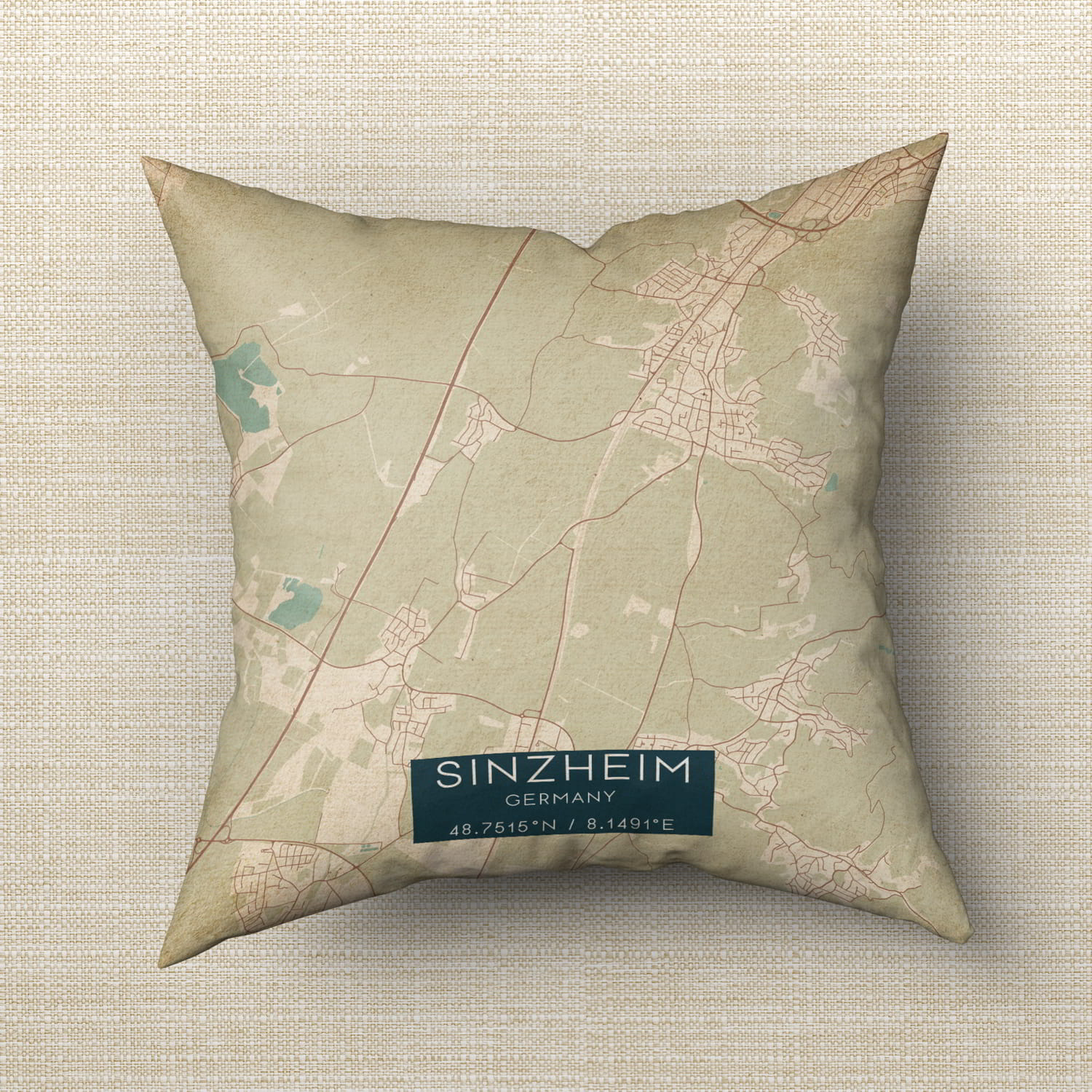 Vintage Sinzheim Germany Map Pillow, Custom Double Sided Pillow
