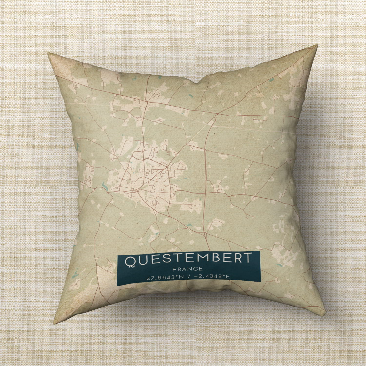 Vintage Questembert France Map Pillow, Custom Double Sided Pillow