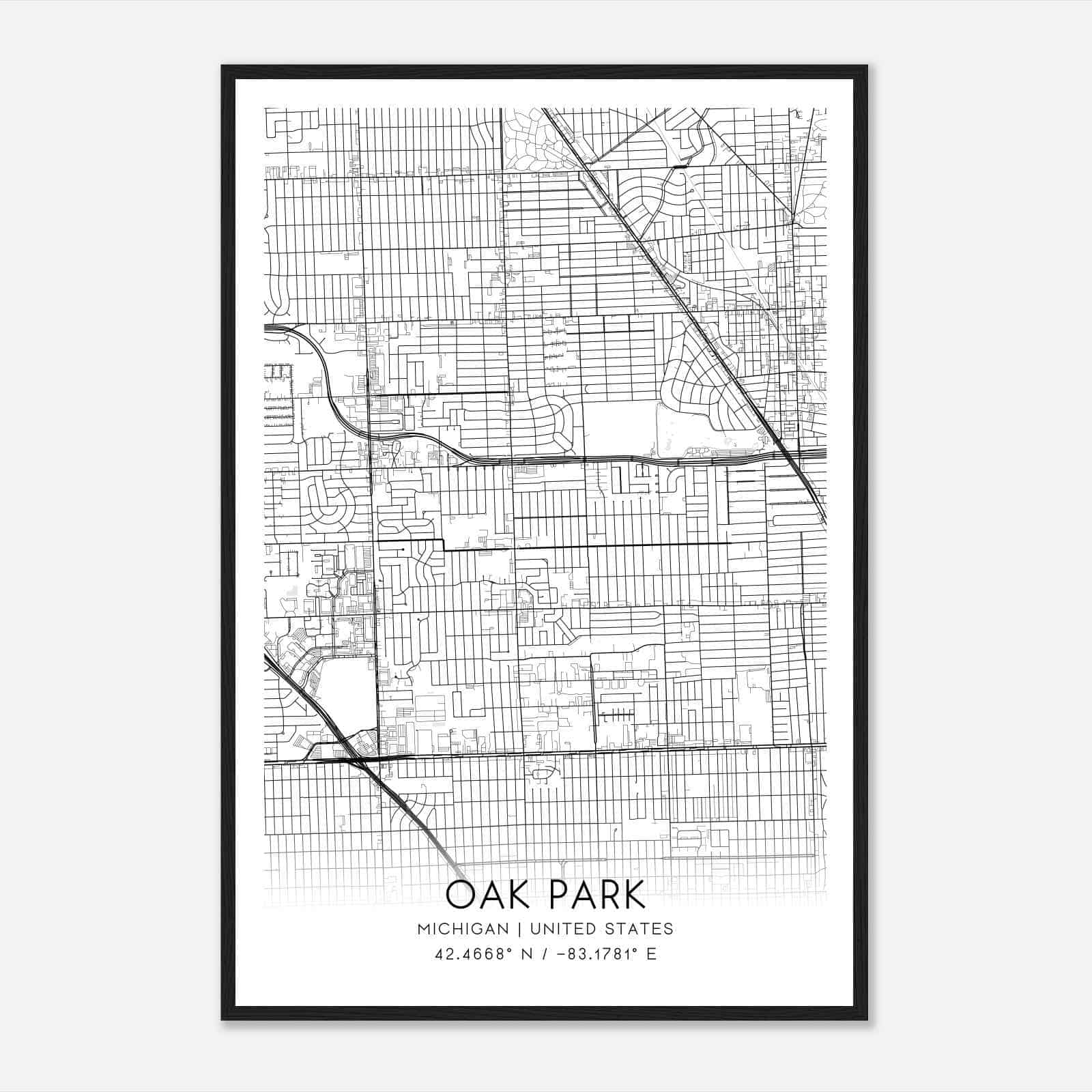 Oak Park Michigan Map Poster, Modern Home Decor Wall Art Print