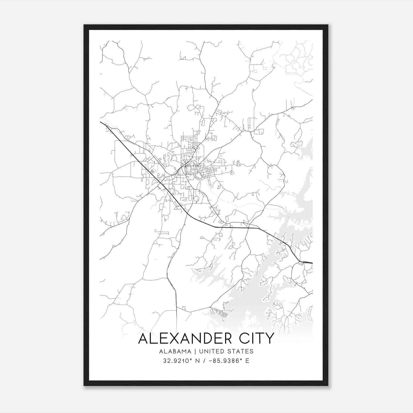 Alexander City Alabama Map Poster, Modern Home Decor Wall Art Print